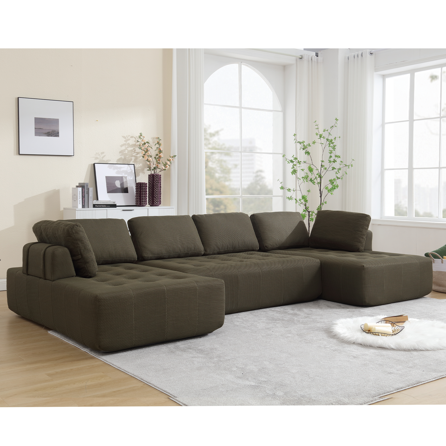 [NEW ARRIVED] [VIDEO PROVIDED]138.5 "Modular Combination Sofa, U-shaped Sofa, Living Room, Apartment, Upholstered ,6-seat Sofa, Free Combination Sofa (Mesh Fabric), Breathable Fabric,Green