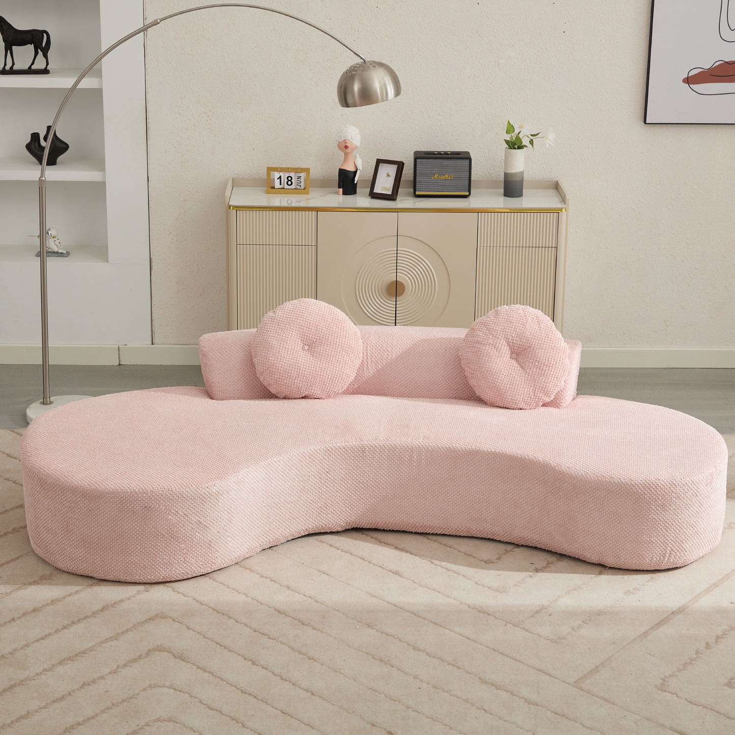 [NEW ARRIVED] [VIDEO PROVIDED]105.5''Curved Sofa, Modern Minimalist Sofa, Cloud Couch Sofa 3-4 Seater Couch with 2 Pillows,Bedroom,  No Assembly Required, Point-shaped corduroy,(Anti-Wrinkle) ,Pink