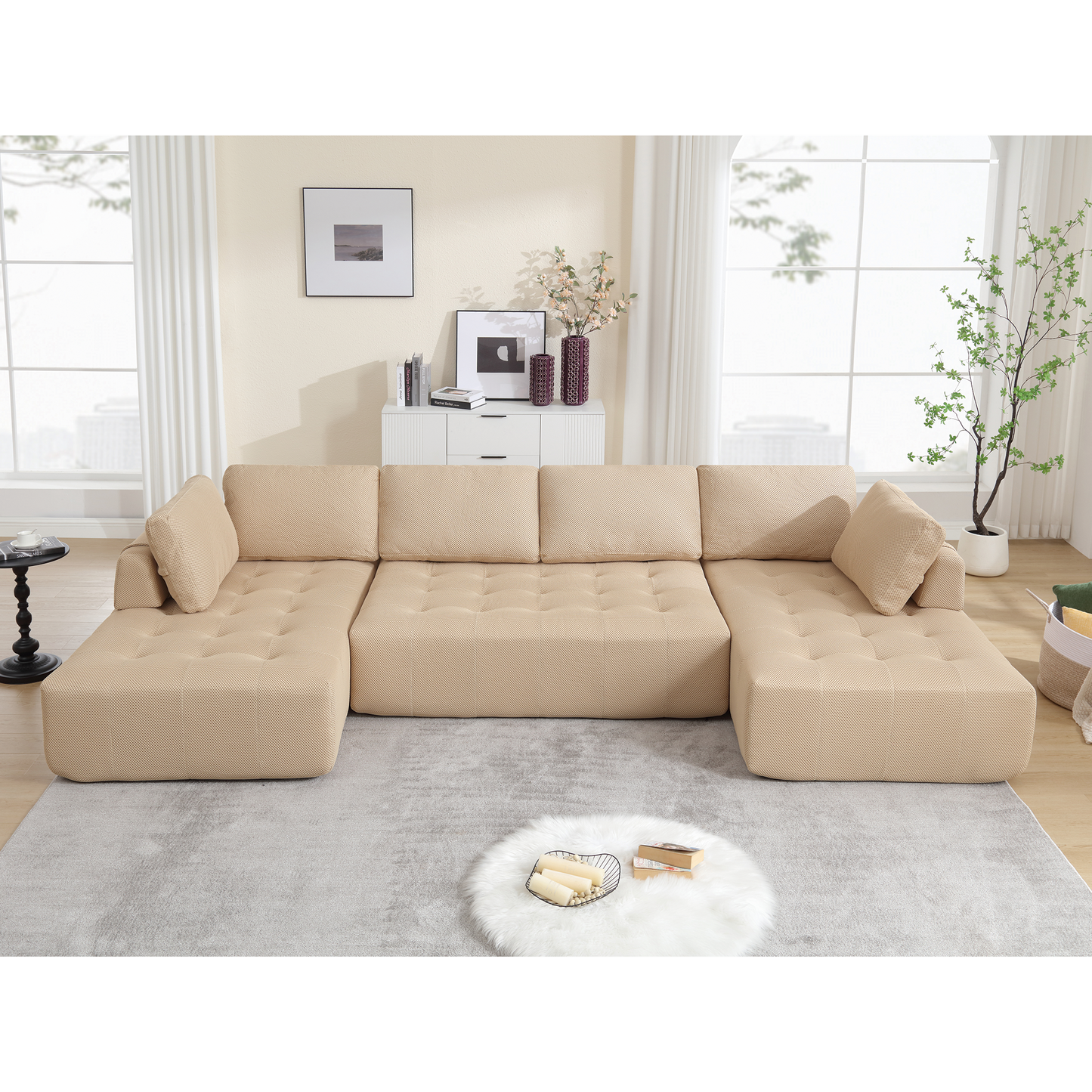 [NEW ARRIVED] [VIDEO PROVIDED]138.5 "Modular Combination Sofa, U-shaped Sofa, Living Room, Apartment, Upholstered ,6-seat Sofa, Free Combination Sofa (Mesh Fabric), Breathable Fabric, Khaki