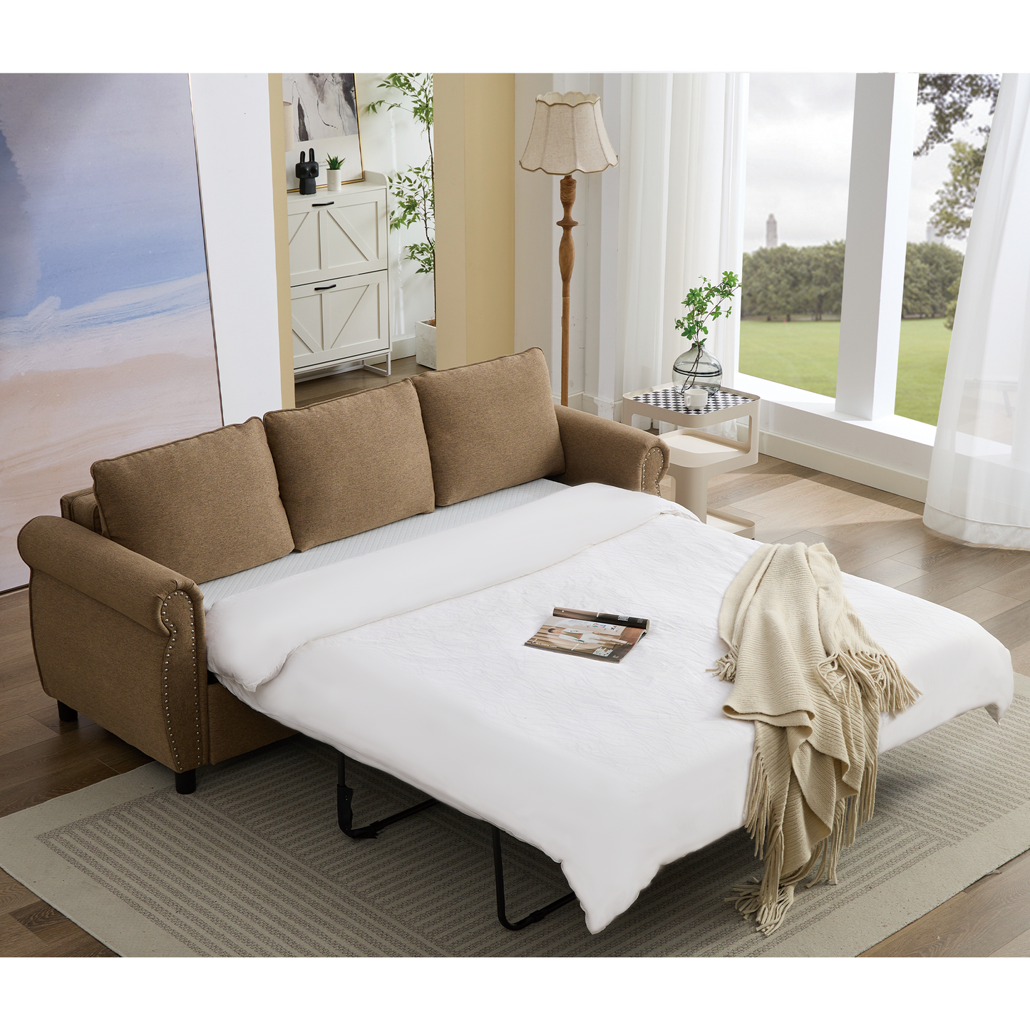 [NEW ARRIVED] [VIDEO PROVIDED] 81.5" 2-in-1 Queen  Convertible Sleeper Sofa Bed,  Pull Out Couch Bed,3 seater sofa bed,with 3.35" Memory Foam Mattress ,Rivet handrail,Living Room, Apartment,  Brown