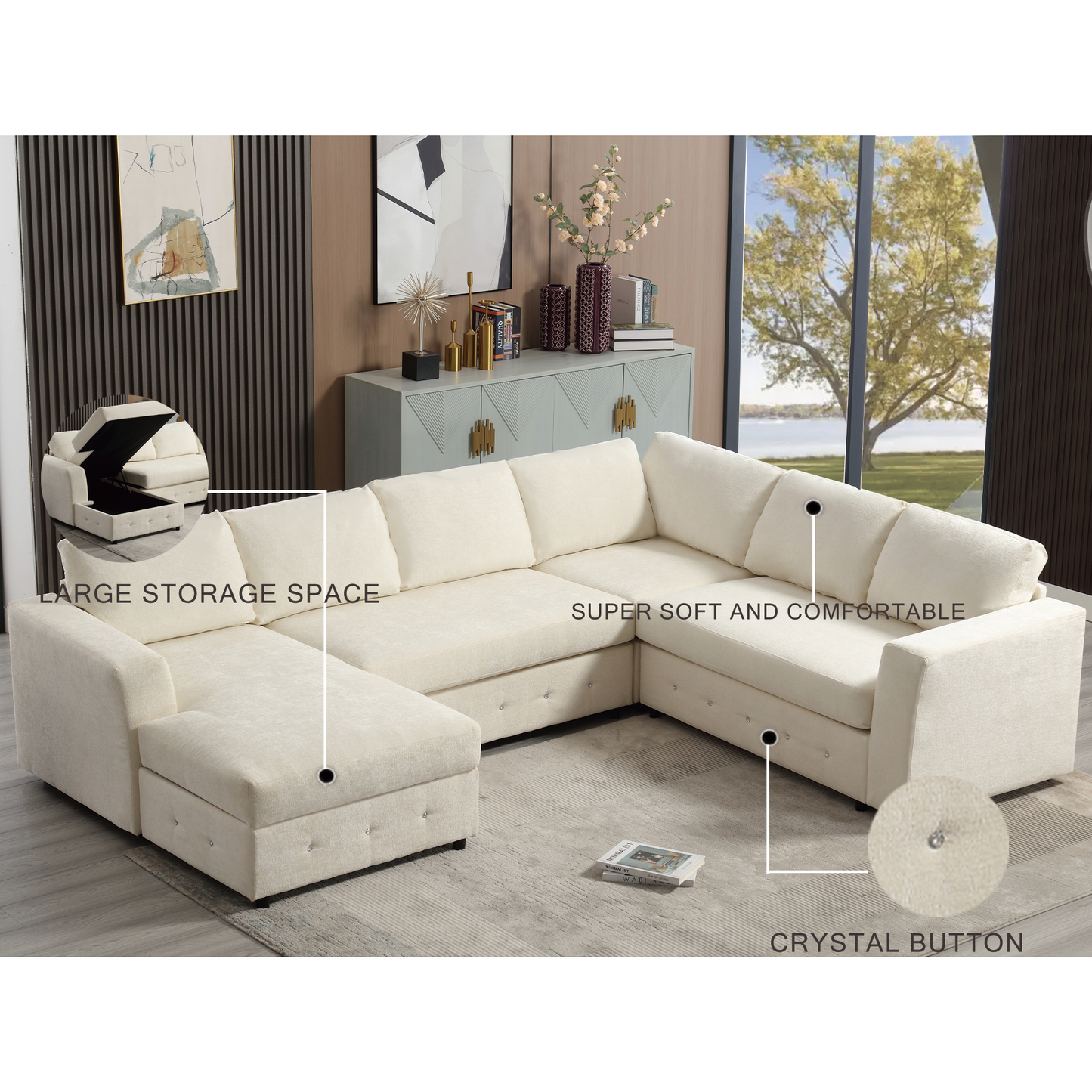 [NEW ARRIVED] [VIDEO PROVIDED]110.75" Sectional Sofa,Oversized modular sofa,Chaise Storage, Modern U Shaped  Couch , Upholstered Sofas,Chenille,Crystal button , Living Room, Apartment,  Beige