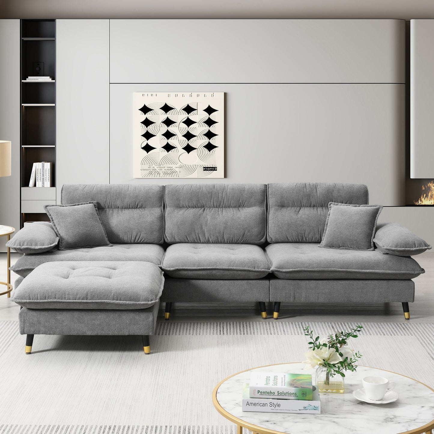 [VIDEO provided][New]106*66.5" L shaped Convertible Sectional Sofa,4 Seat Tufted Couch Set with Two-tone Adjust Legs,Cloud Chenille Fabric,Movable Ottoman for Living Room,  Apartment,Office,3 Colors