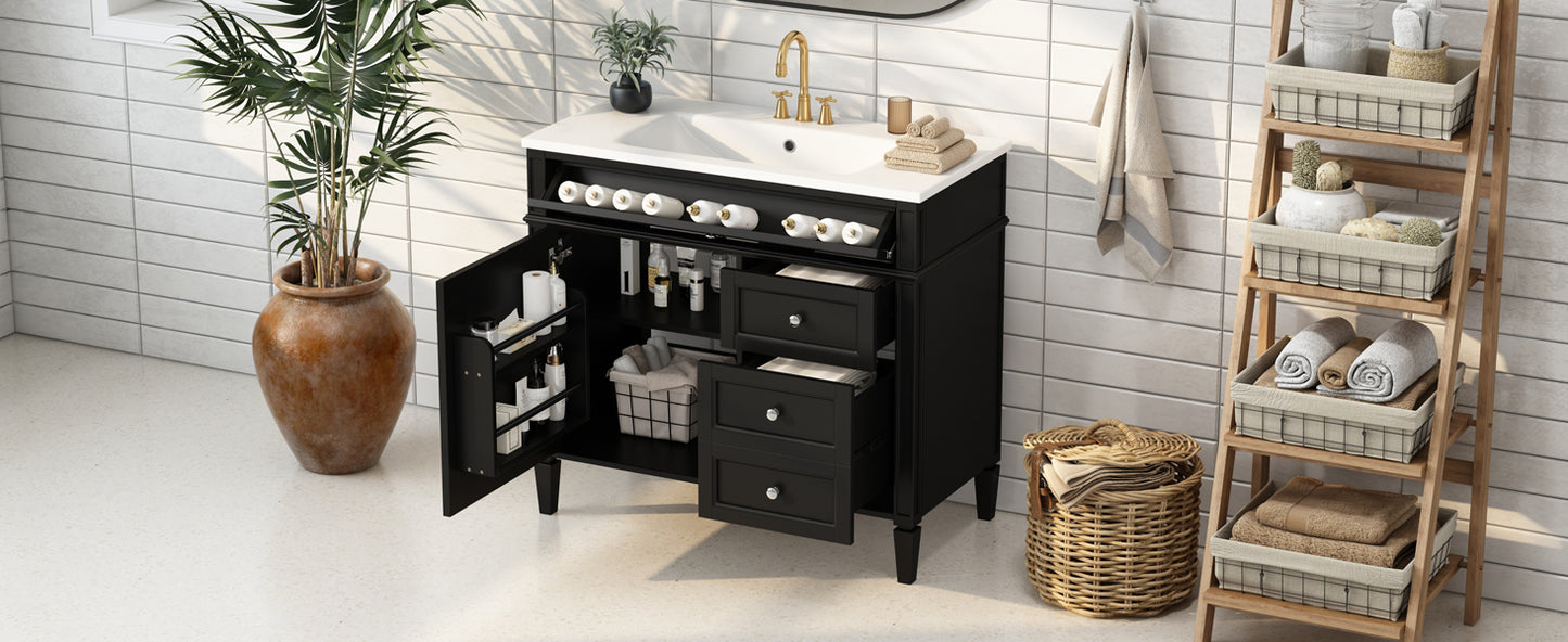 36'' Bathroom Vanity with Top Sink, Modern Bathroom Storage Cabinet with 2 Drawers and a Tip-out Drawer, Single Sink Bathroom Vanity