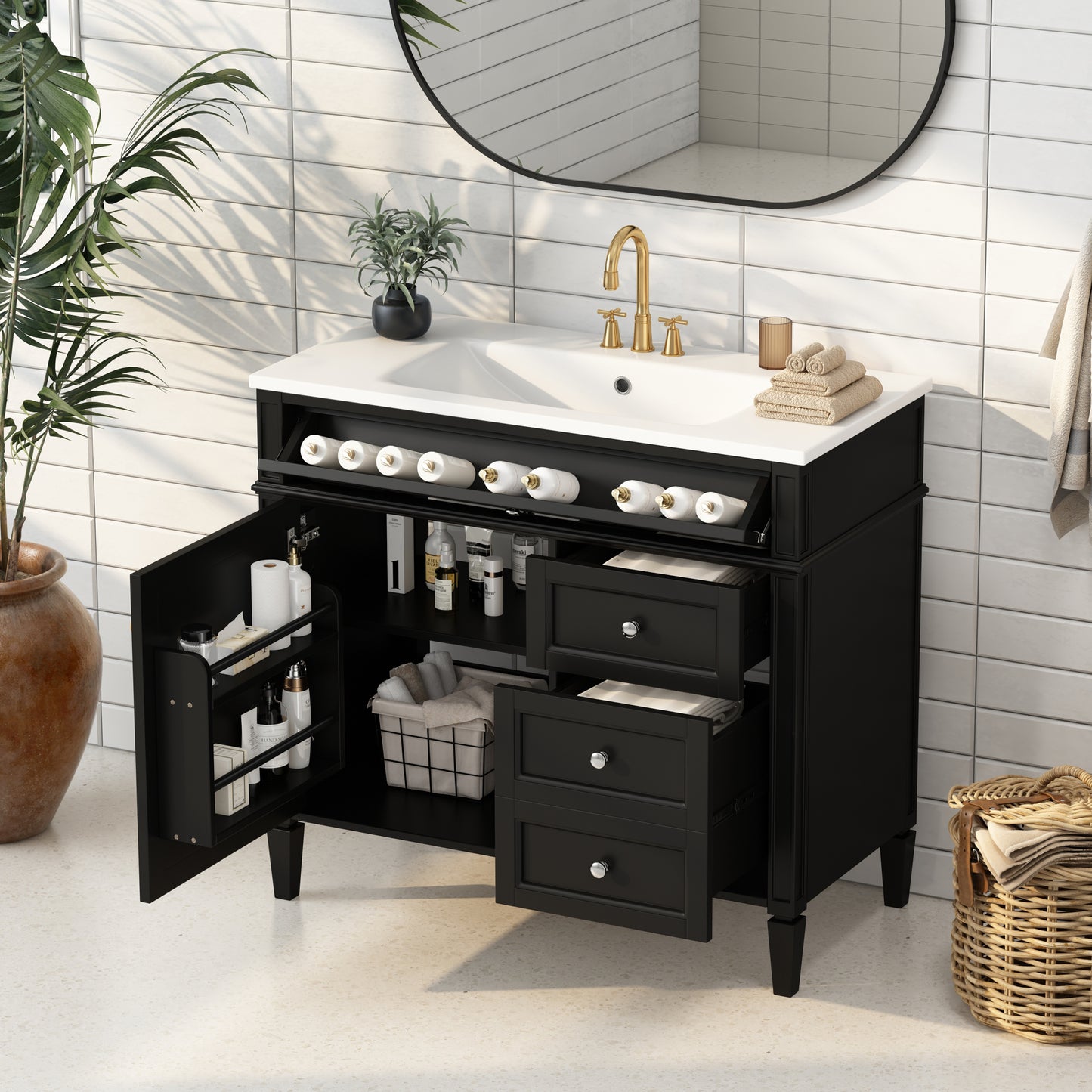 36'' Bathroom Vanity with Top Sink, Modern Bathroom Storage Cabinet with 2 Drawers and a Tip-out Drawer, Single Sink Bathroom Vanity