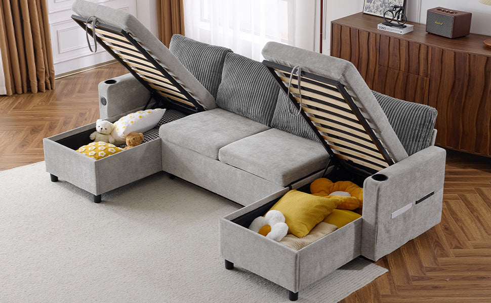 111.8" Sectional Sofa Pull-out Sofa Bed Versatile Sofa Sleeper with Large Storage Space, Two USB Ports and Two Cup Holders for Living Room, Grey