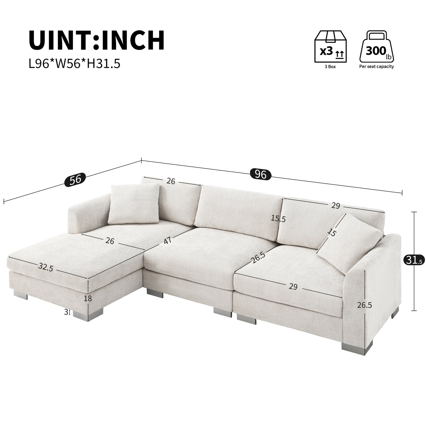 [VIDEO provided][New] 96*56" Modern Cloud Sectional Sofa,L-shaped Luxury Couch Set with 2 Free pillows,4-seat Chenille Indoor Furniture with Oversized Chaise for Living Room,Apartment,Office,3 Colors