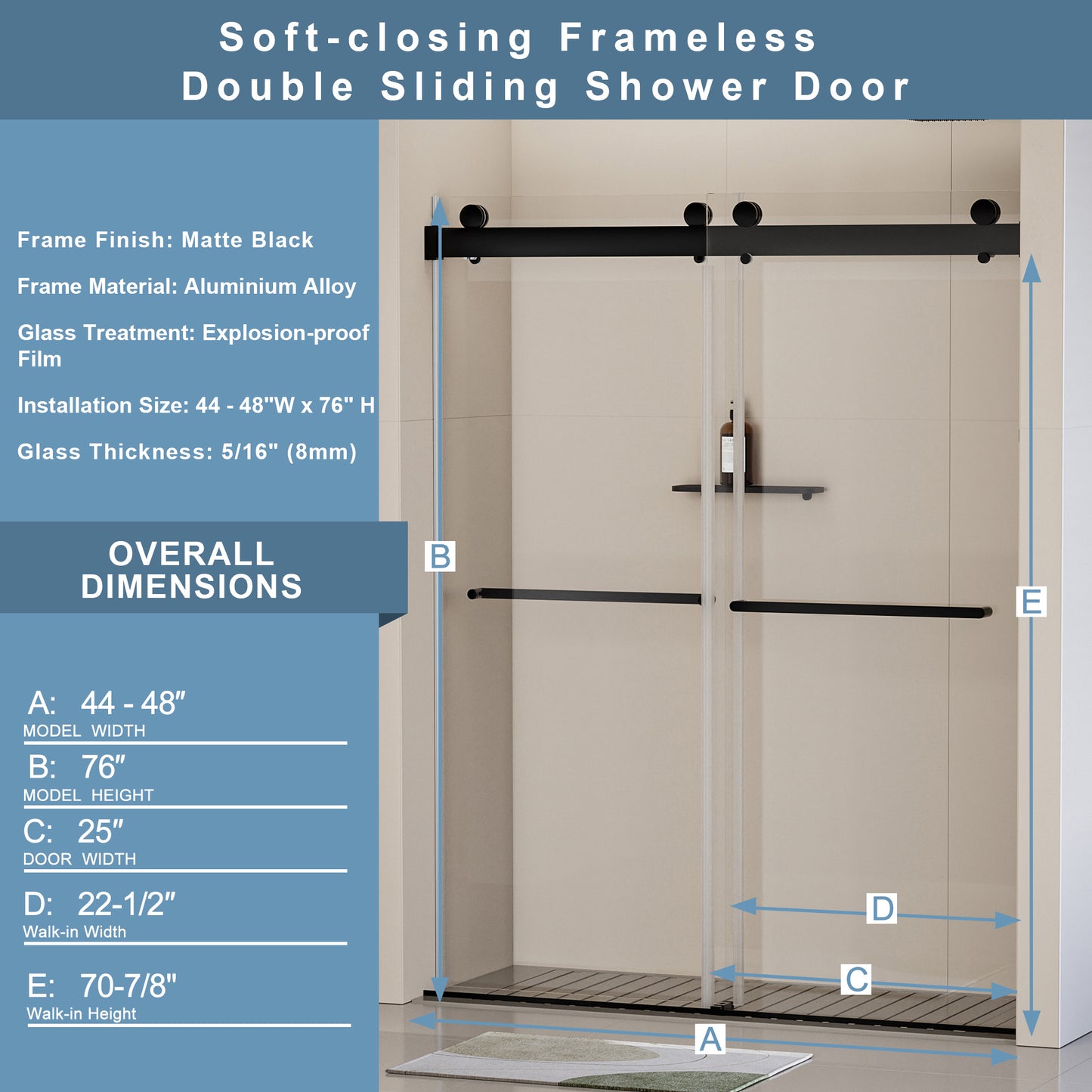 44-48 in. W x 76 in. H Frameless Soft-closing Shower Door, Double Sliding Shower Door, 5/16" (8mm) Clear Tempered Glass Shower Door with Explosion-Proof Film, Matte Black 24D213-48MB