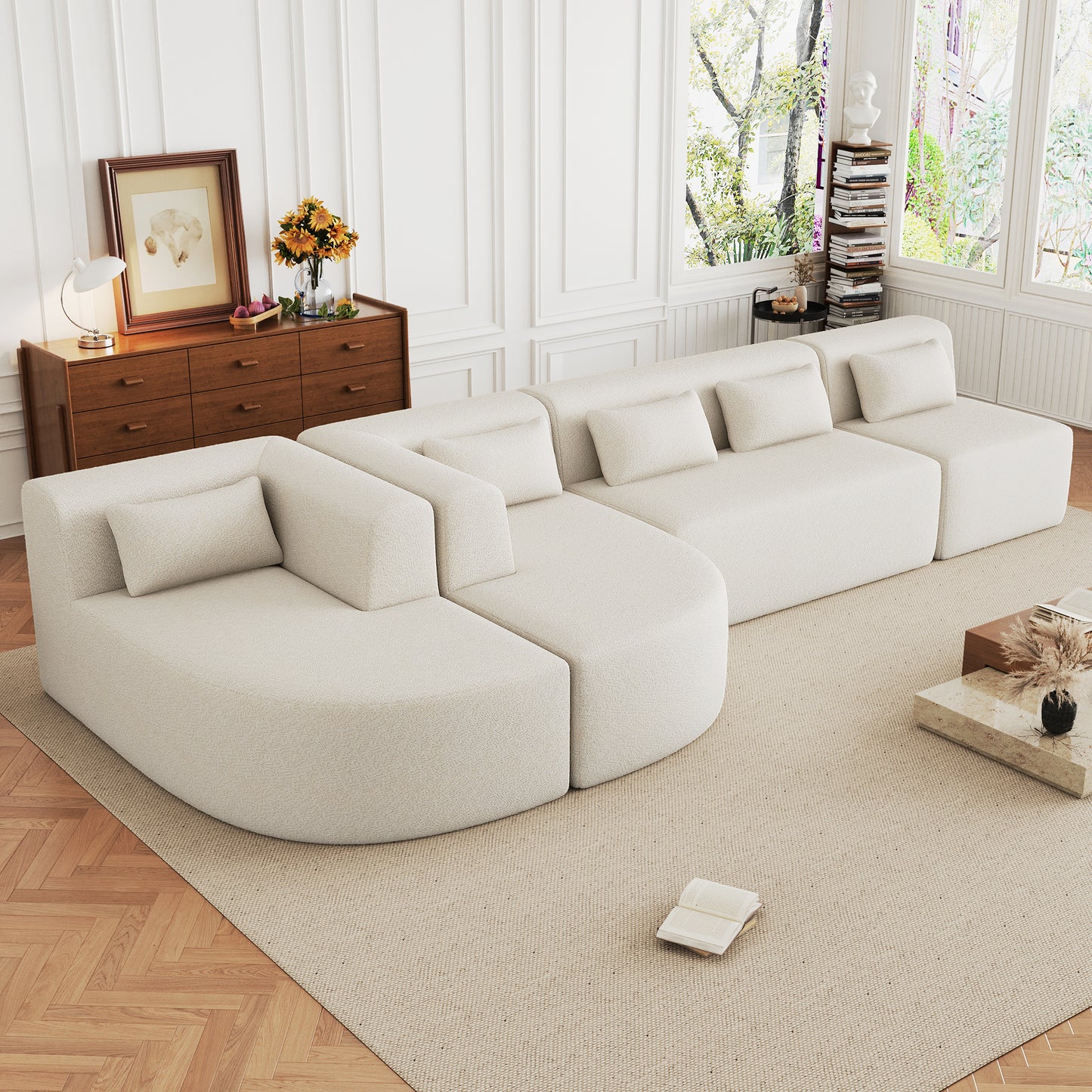 143.7" Upholstered Sofa Free-combined Sofa Couch with Two Chaise Lounge and Five Back Pillows for Living Room, Beige