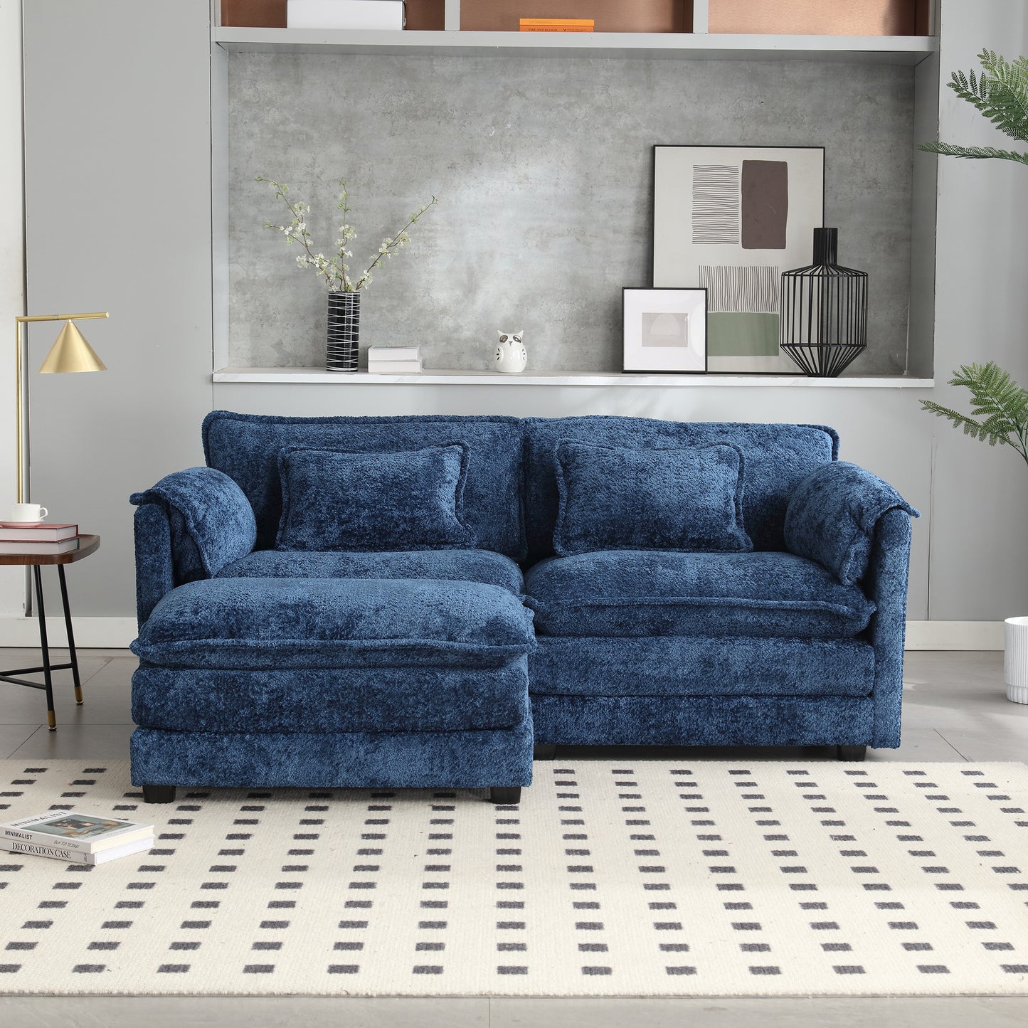 UNITED WE WIN Chenille fabric, removable armrests with side pockets, high density sponge filling, oversized double sofa with footstool