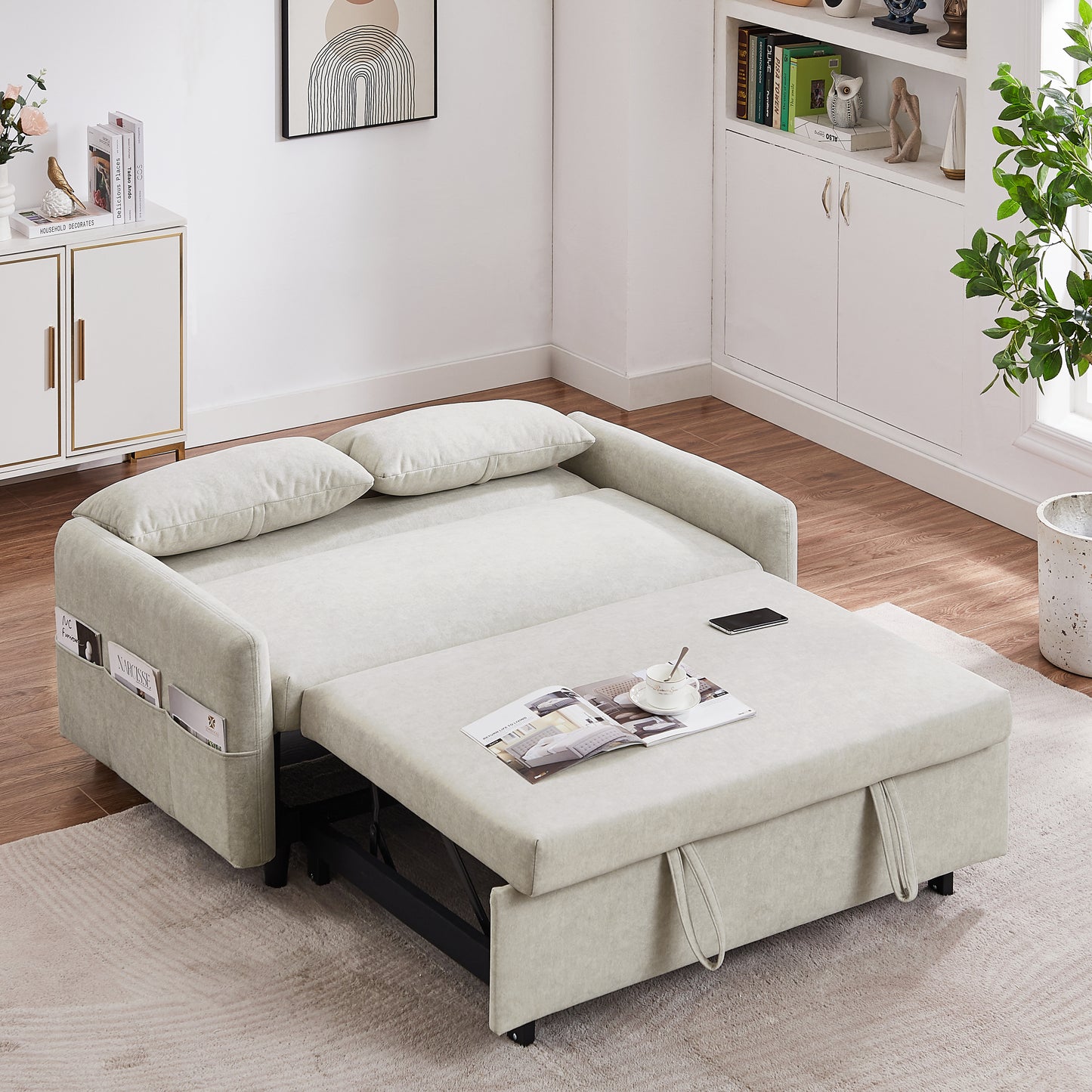 55.1" Pull Out Sleep Sofa Bed Loveseats Sofa Couch with Adjsutable Backrest, Storage Pockets, 2 Soft Pillows, USB Ports for Living Room, Bedroom, Apartment, Office, Beige (Old SKU: WF315689AAA)