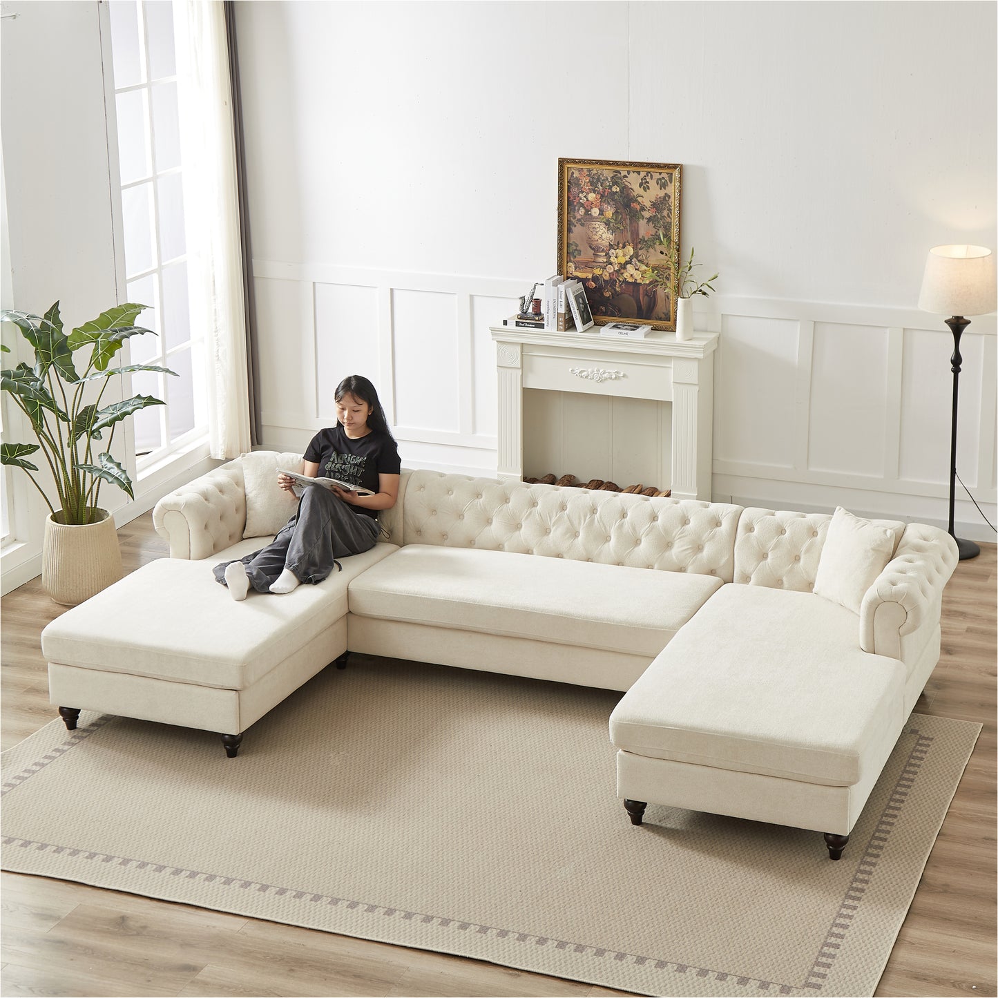 135.5-inch Modern Style Chenille Three Piece Sofa, Pull Point Design U-shaped Sofa two Chaise Longue Seats, two Pillows and Wooden feet, Suitable for Living room, Bedroom, Lounge and Projection Room