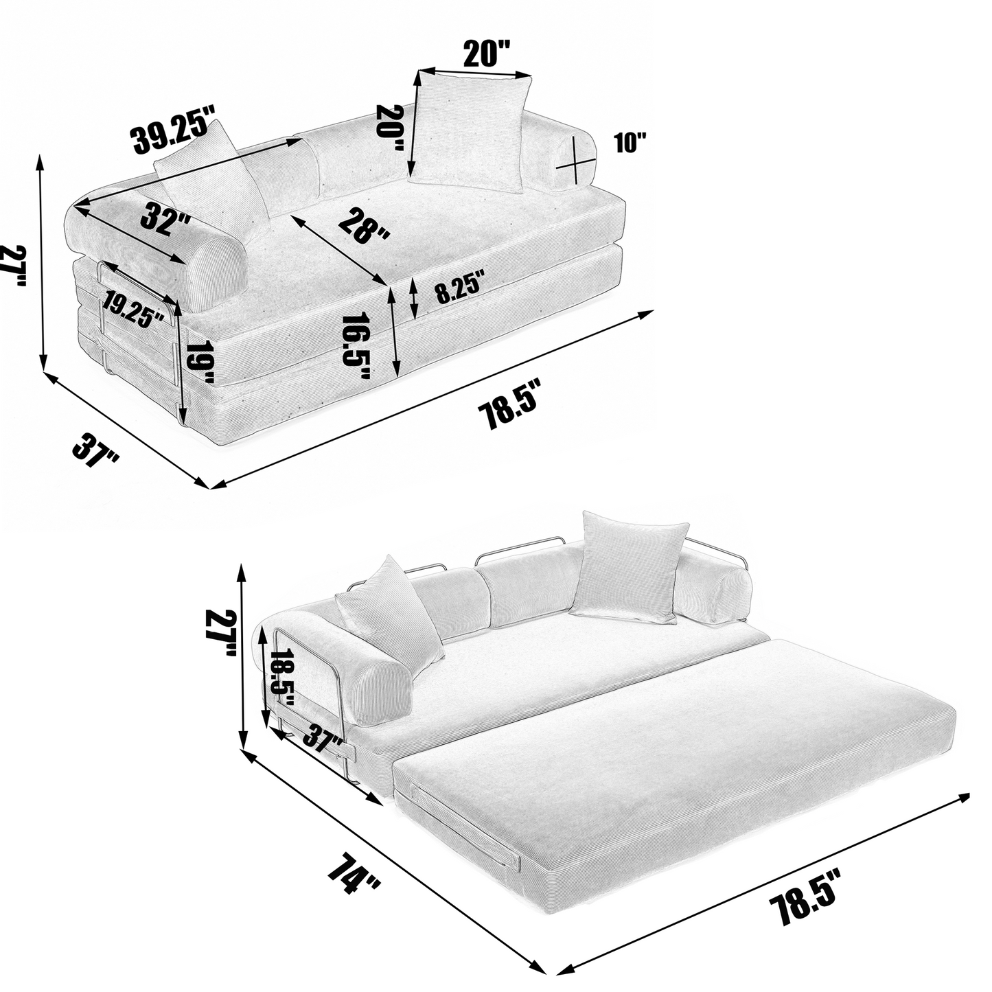 [NEW ARRIVED] [VIDEO PROVIDED] 78.5" Folding Convertible Out Sleeper Sofa Bed,4-in-1 DIY Combination Convertible Sofa,3 seat, Folding  Sofa, King Size , Bedroom,Apartment,Corduroy,Green,Black