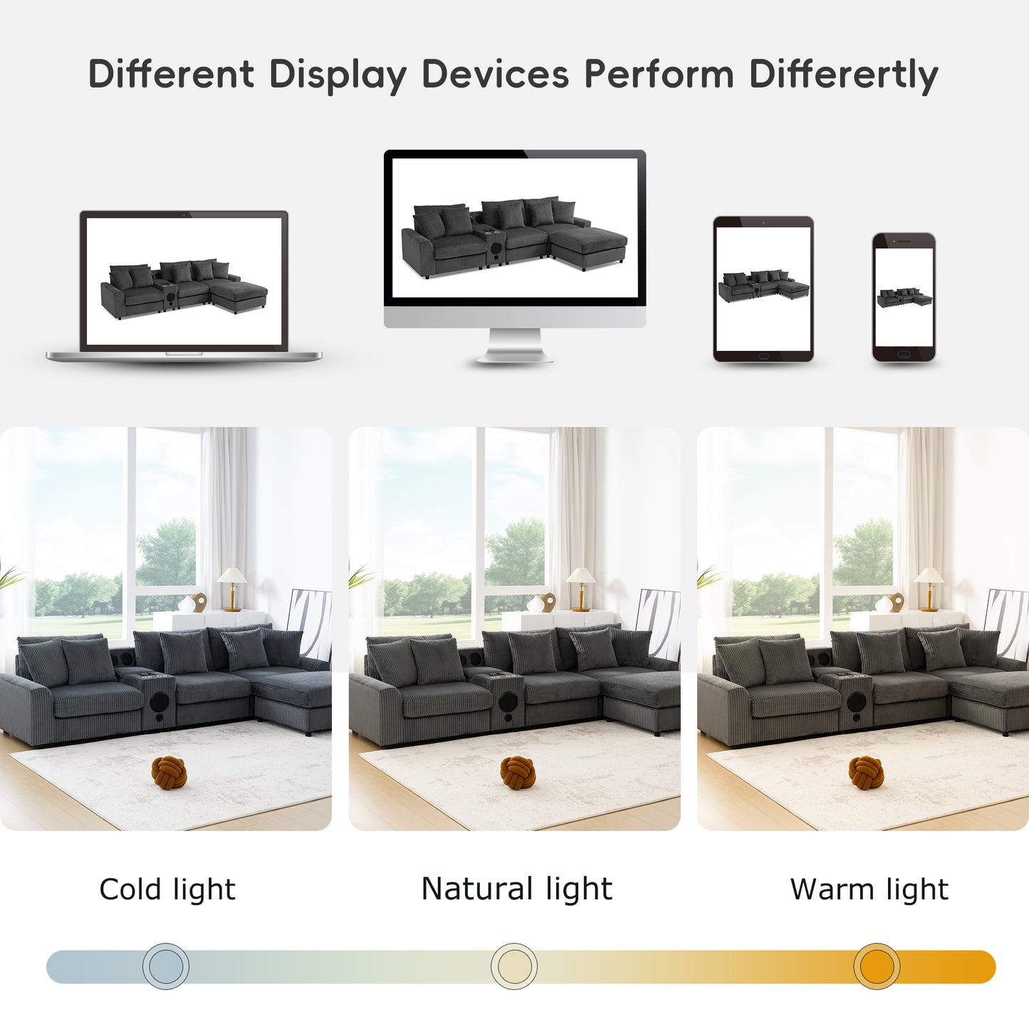 [New+Video]114*64'' Corduroy Sectional Sofa with Bluetooth Speakers,L Shaped Couch with Console,USB Charger,Cup Holders,Storage,Ottoman,Deep and Wide Seat Cloud Sofa for Living Room,Apartment,2 Colors