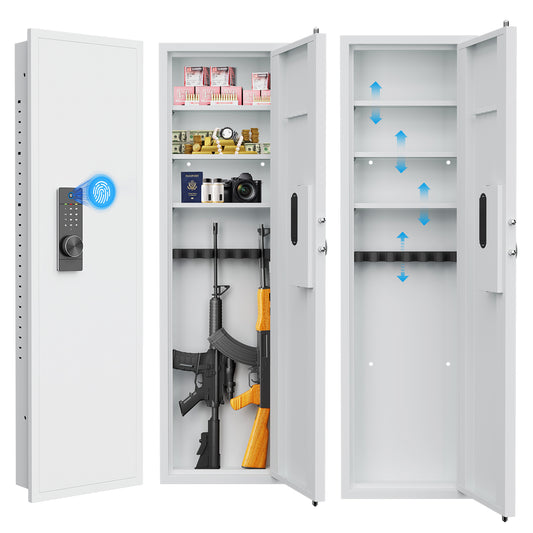 53" Fingerprint Touch Panel In-Wall Safe,Hidden Wall Gun Safe for Rifles with Adjustable Shelves,Assembled Storage Multifunctional Wall Safe for Firearm and Valuables (White-Fingerprint)