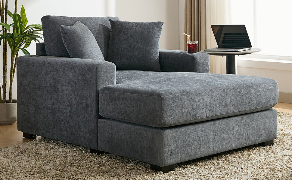 43.5" Oversized Chaise Lounger Modern Style Sofa Couch ,with Pillows, Charge Station & Cup Holders, Chenille Fabric, Blue Gray