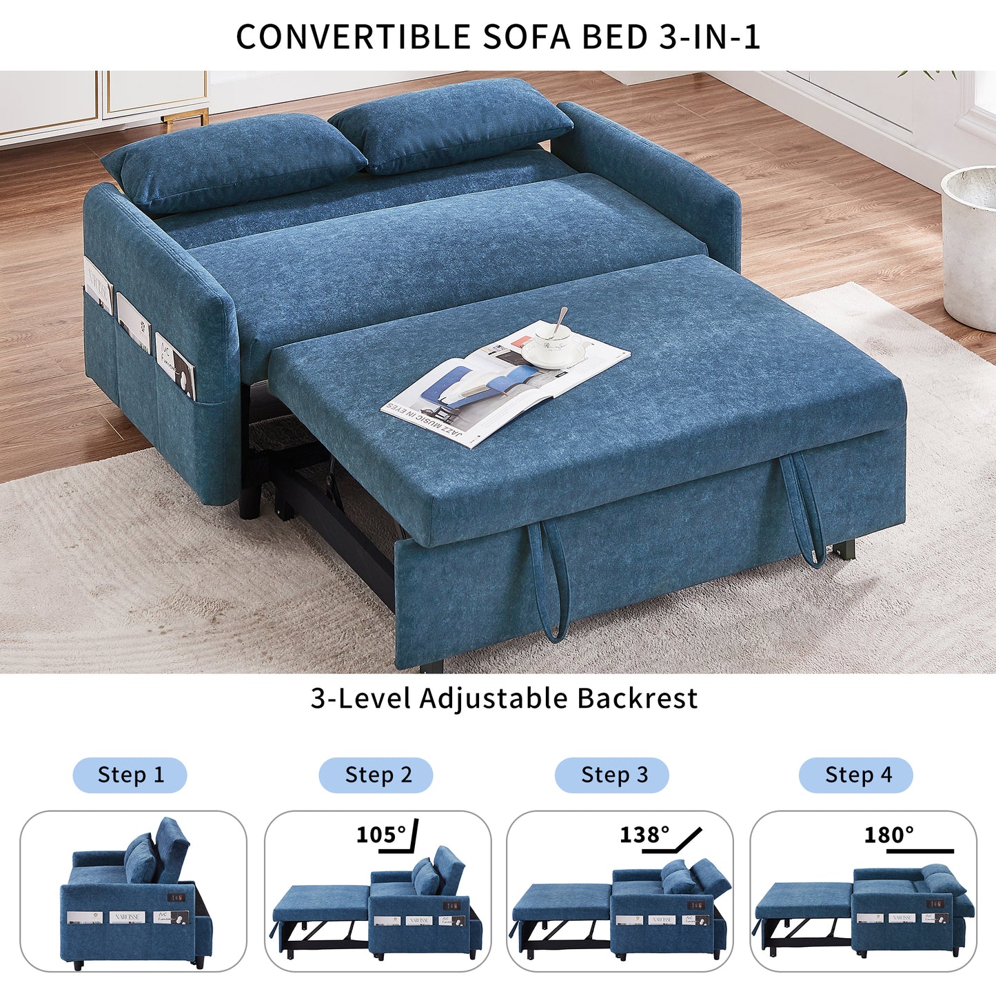 55.1" Pull Out Sleep Sofa Bed Loveseats Sofa Couch with Adjsutable Backrest, Storage Pockets, 2 Soft Pillows, USB Ports for Living Room, Bedroom, Apartment, Office, Blue (Old SKU: WF315689AAC)