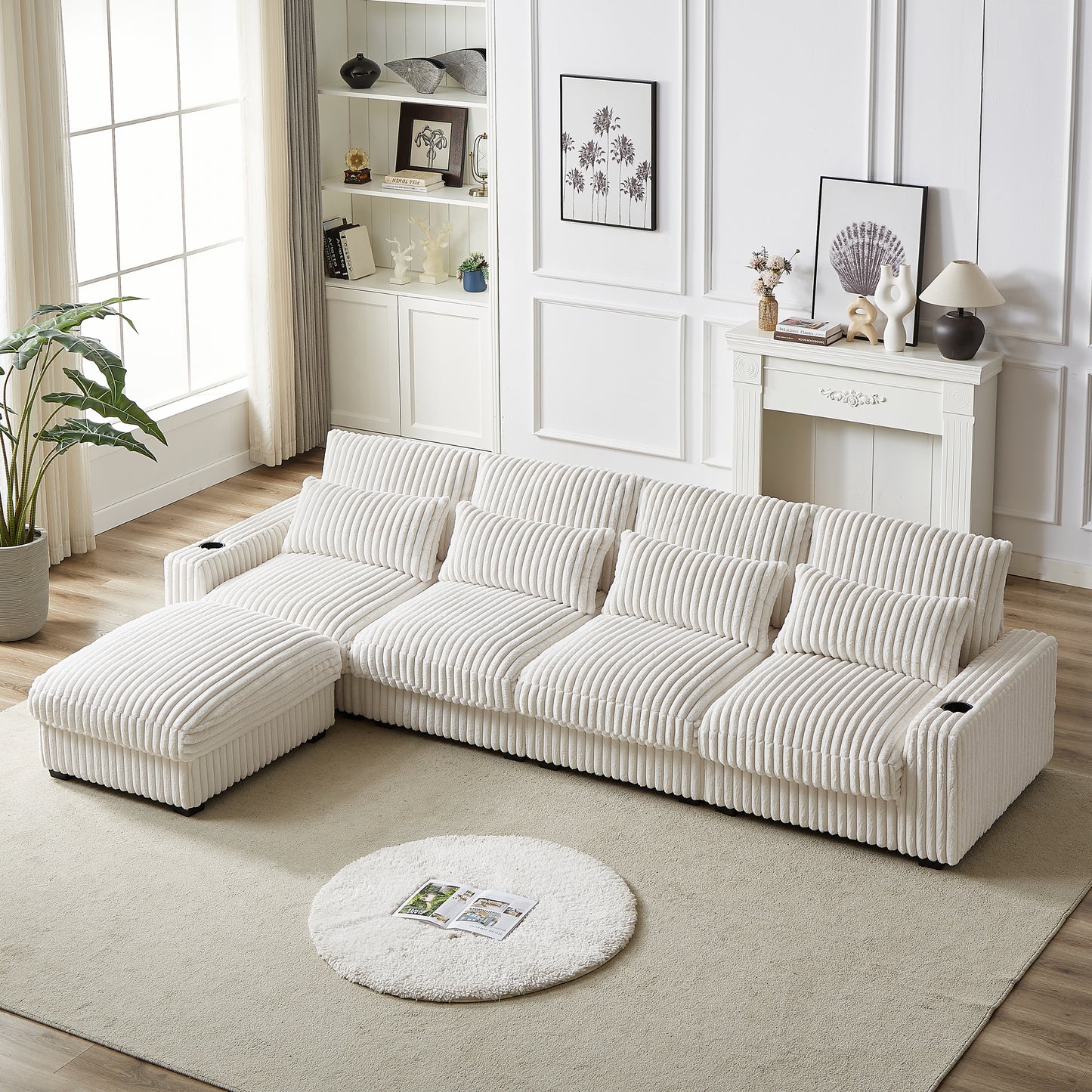 126-inch Corduroy With Cup Holder Super Large L-Shaped Sofa, Movable Footrest, Four Waist Pillows And Four Back Cushion, With USB Port And Type-C Port