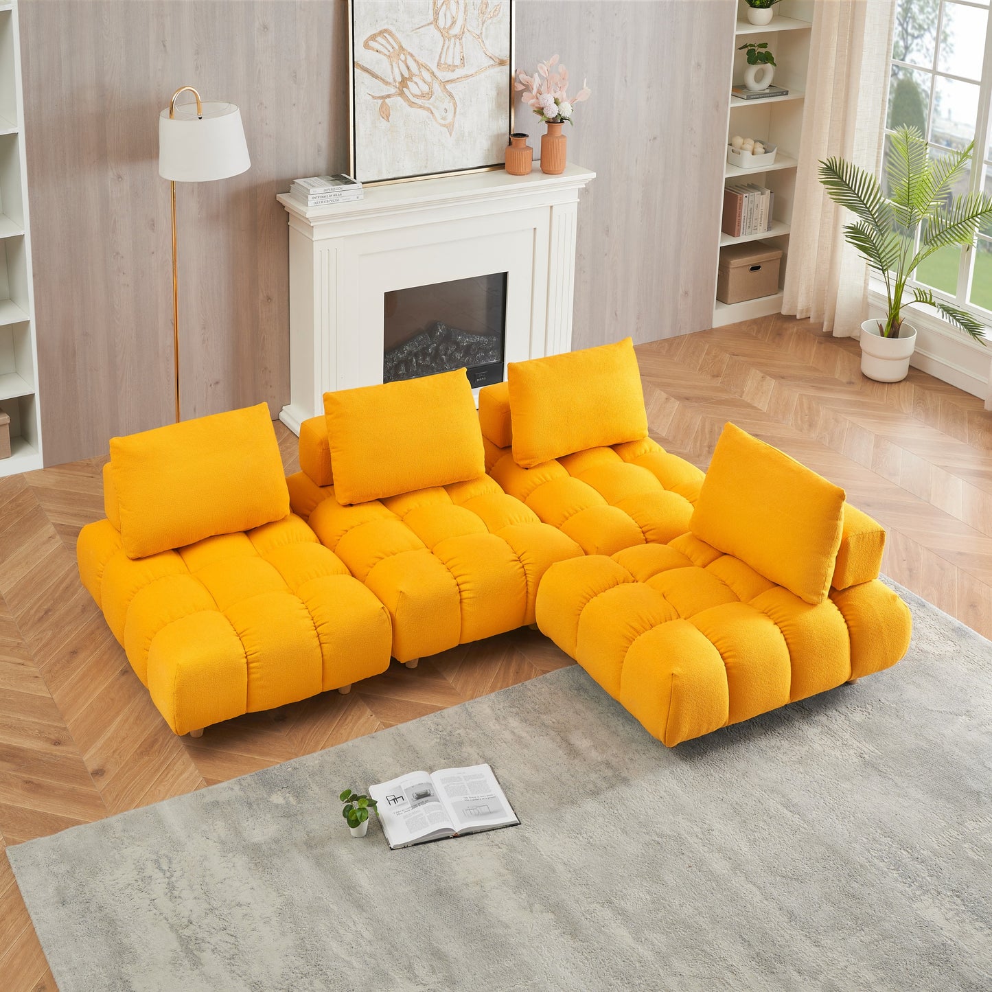 120 inches long, Teddy Sofa Fabric, with spacious and comfortable seats, for Apartment Office Living Room -Yellow