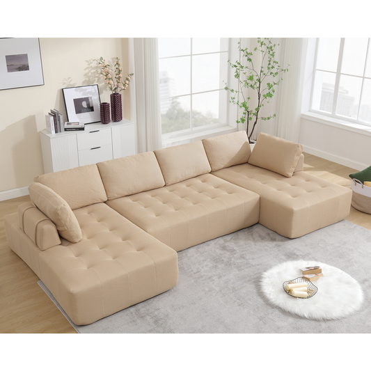 [NEW ARRIVED] [VIDEO PROVIDED]138.5 "Modular Combination Sofa, U-shaped Sofa, Living Room, Apartment, Upholstered ,6-seat Sofa, Free Combination Sofa (Mesh Fabric), Breathable Fabric, Khaki