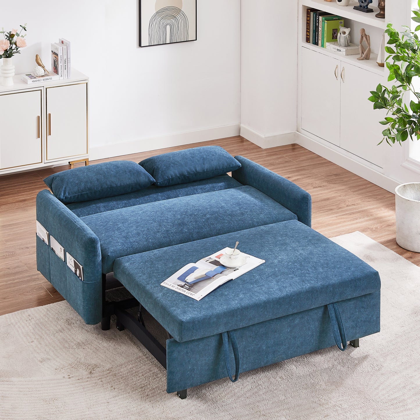 55.1" Pull Out Sleep Sofa Bed Loveseats Sofa Couch with Adjsutable Backrest, Storage Pockets, 2 Soft Pillows, USB Ports for Living Room, Bedroom, Apartment, Office, Blue (Old SKU: WF315689AAC)