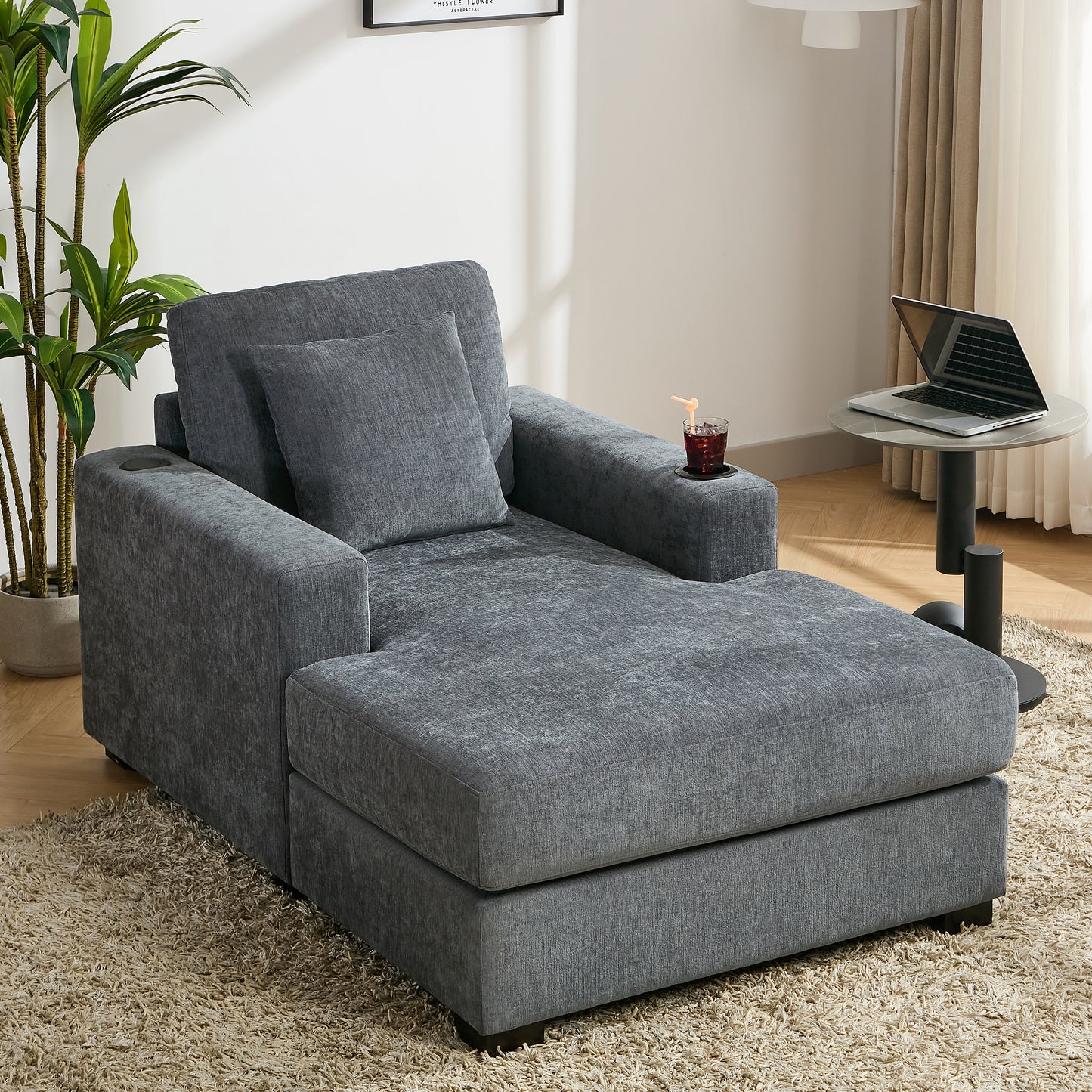 39.7" Oversized Chaise Lounger Modern Style Sofa Couch ,with Pillows, Charge Station & Cup Holders, Chenille Fabric, Blue Gray