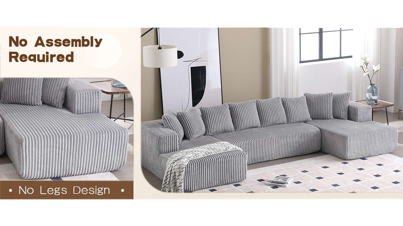 [NEW ARRIVED] [VIDEO PROVIDED]131'' Modular Sectional Couch, U-shaped sofa , Chaise Lounge, Striped fabric,Upholstered 4 Seater Couch for Living Room, Bedroom, Free Combination Sofa (Corduroy), Gray