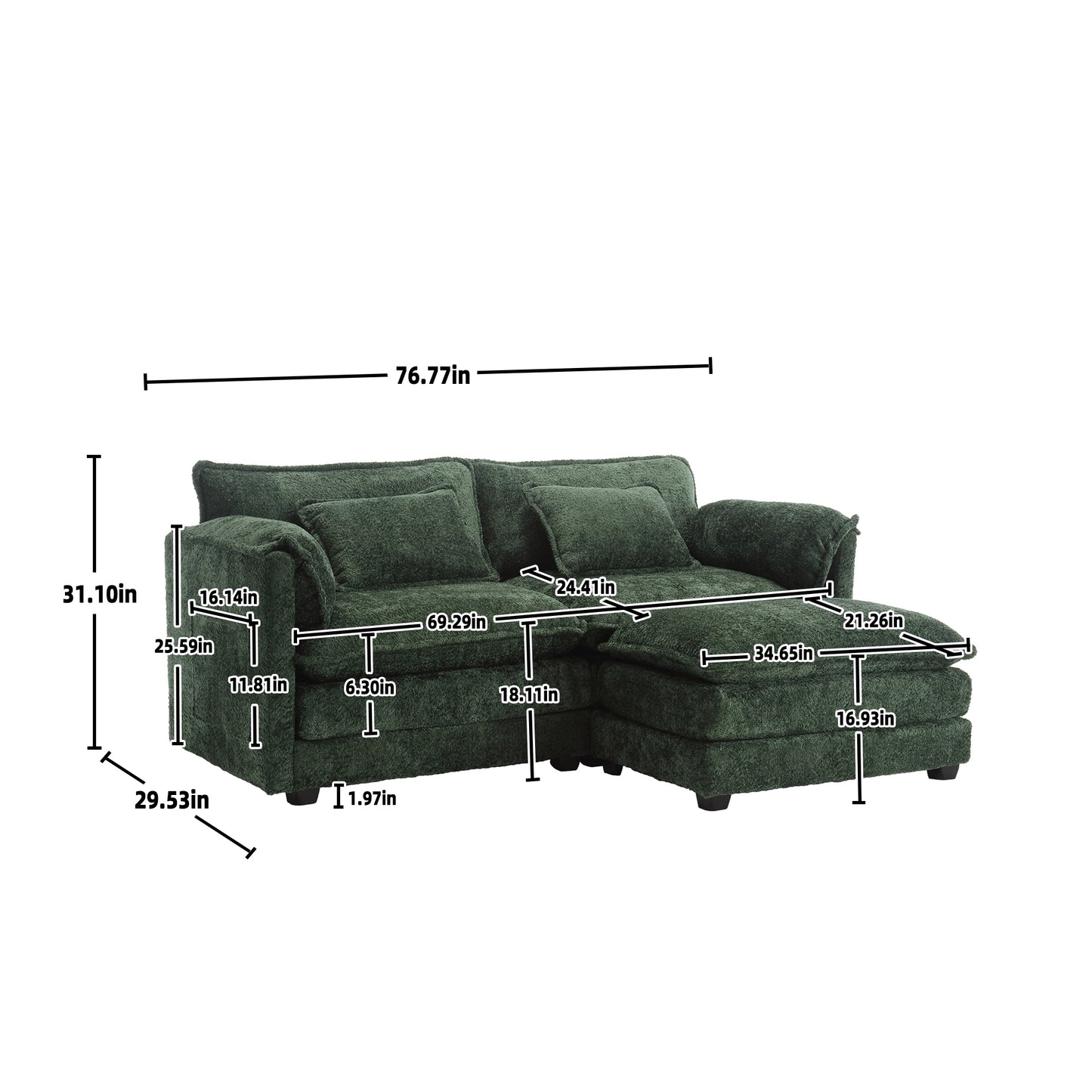 UNITED WE WIN Chenille fabric, removable armrests with side pockets, high density sponge filling, oversized double sofa with footstool