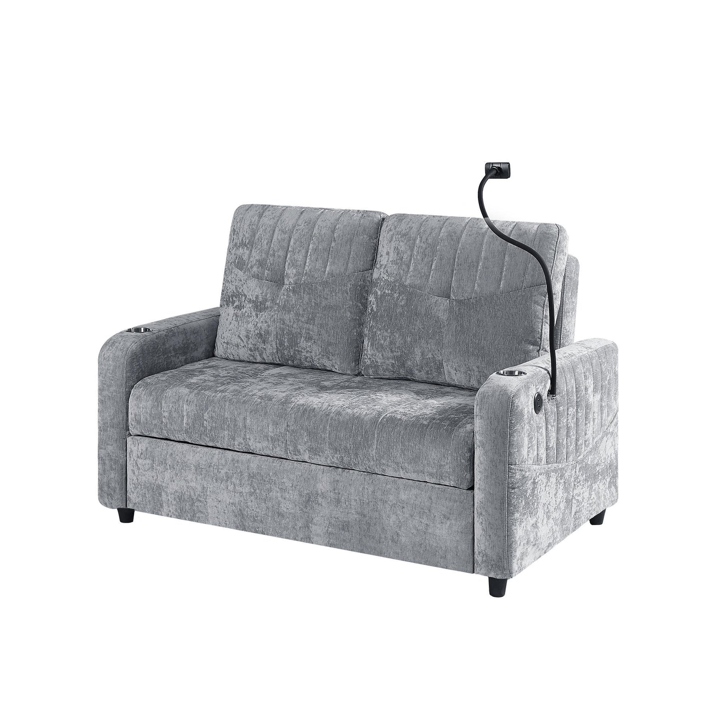 53.9" Modern Loveseat Pull-out Sofa Bed with Adjustable Backrest, Two Cup Holders , a Phone Holder, Three Charging Ports and Side Storage Pockets for Living Room, Grey