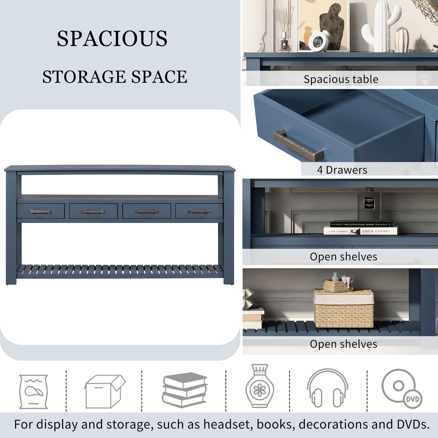 U_STYLE 62.2'' Modern Console Table Sofa Table for Living Room with 4 Drawers and 2 Shelves