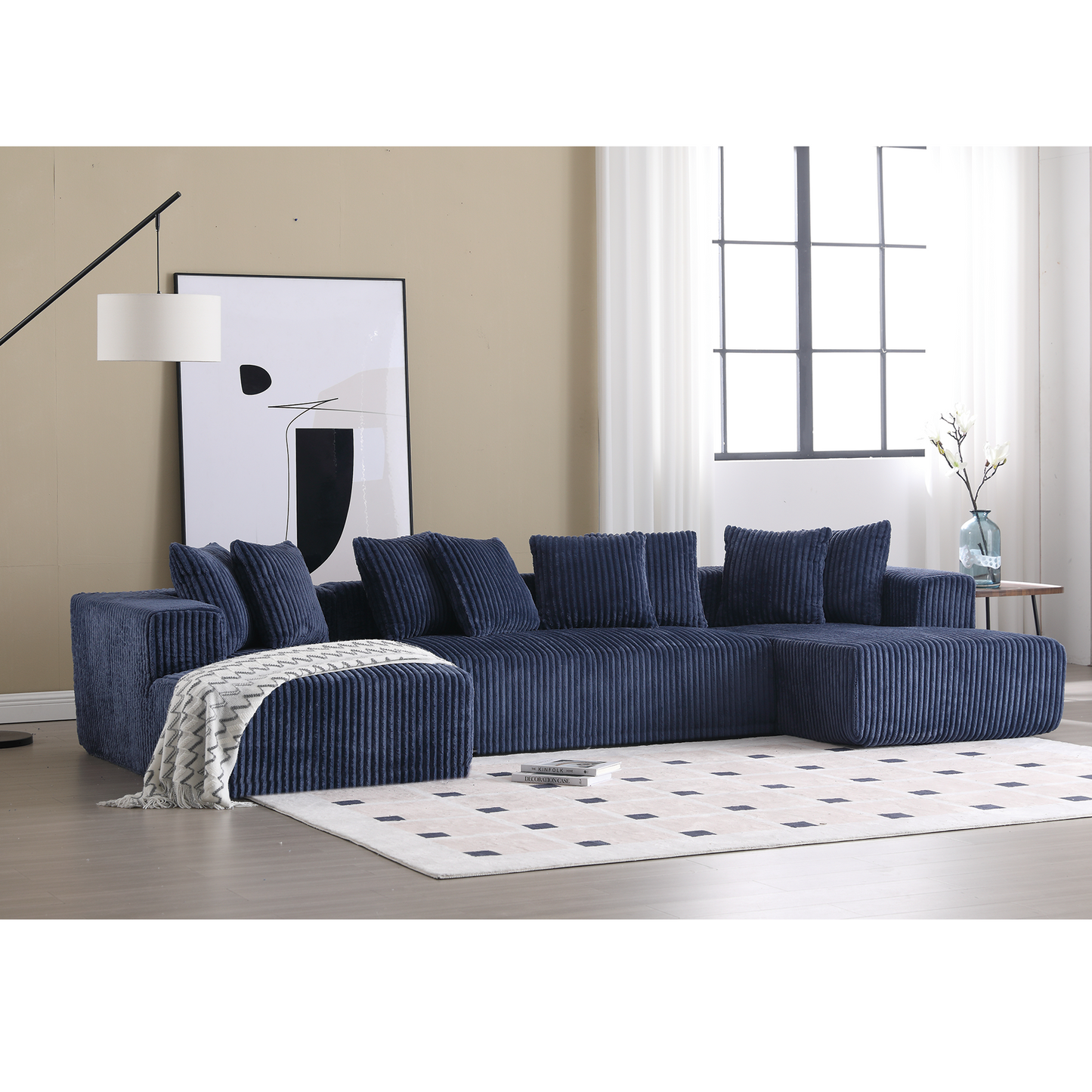 [VIDEO PROVIDED]131'' Modular Sectional Couch, U-shaped sofa , Chaise Lounge, Striped fabric,Upholstered 4 Seater Couch for Living Room, Bedroom, Free Combination Sofa (Corduroy), Blue