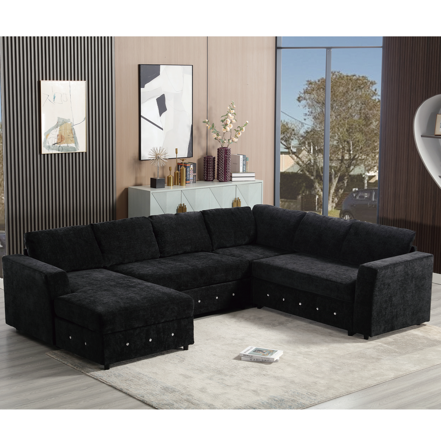 [NEW ARRIVED] [VIDEO PROVIDED]110.75" Sectional Sofa,Oversized modular sofa,Chaise Storage, Modern U Shaped  Couch , Upholstered Sofas,Chenille,Crystal button , Living Room, Apartment, Black