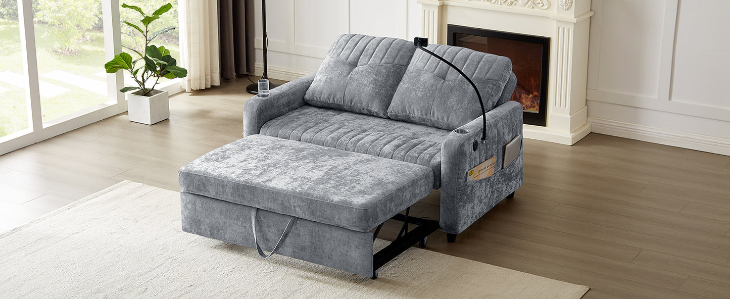 53.9" Modern Loveseat Pull-out Sofa Bed with Adjustable Backrest, Two Cup Holders , a Phone Holder, Three Charging Ports and Side Storage Pockets for Living Room, Grey