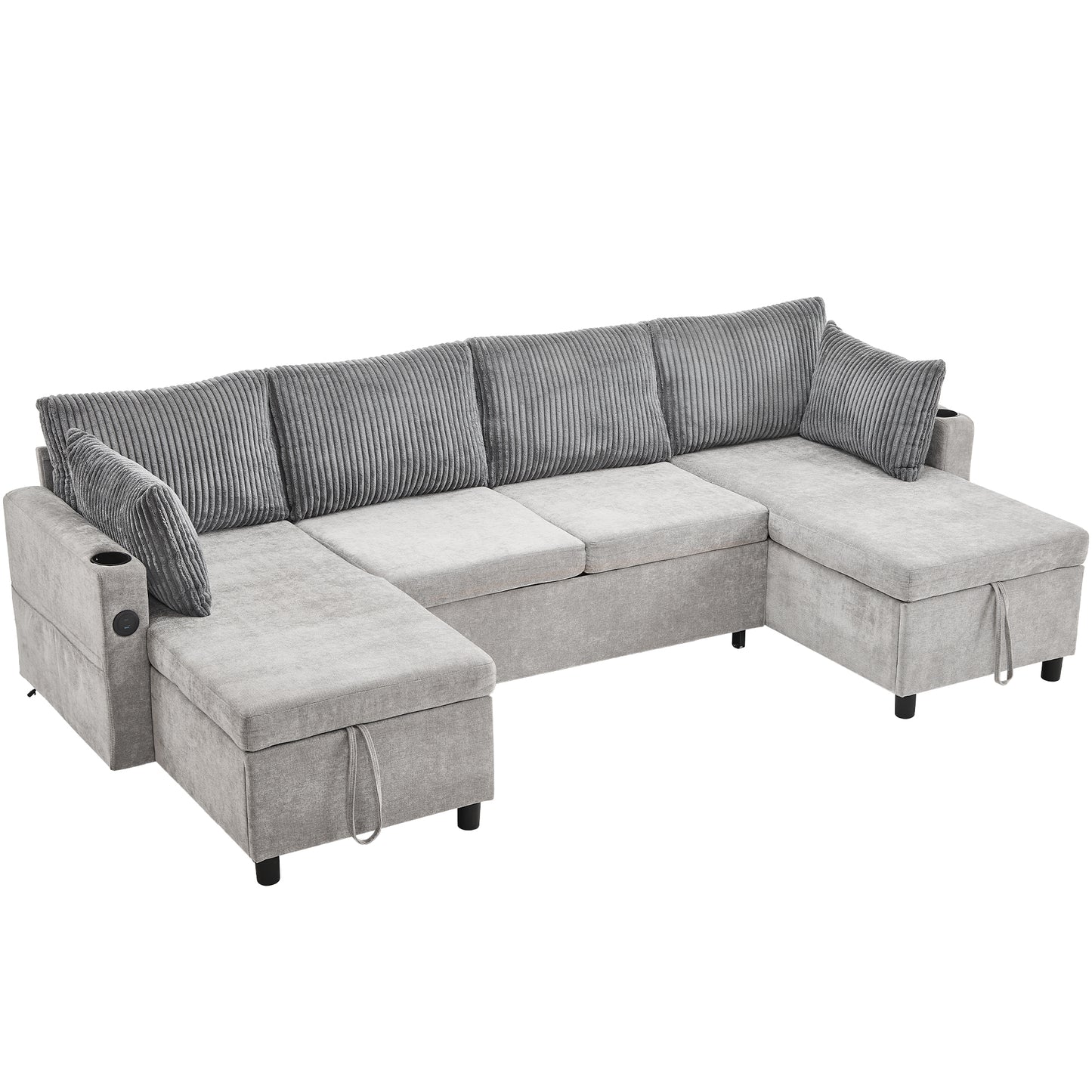 111.8" Sectional Sofa Pull-out Sofa Bed Versatile Sofa Sleeper with Large Storage Space, Two USB Ports and Two Cup Holders for Living Room, Grey