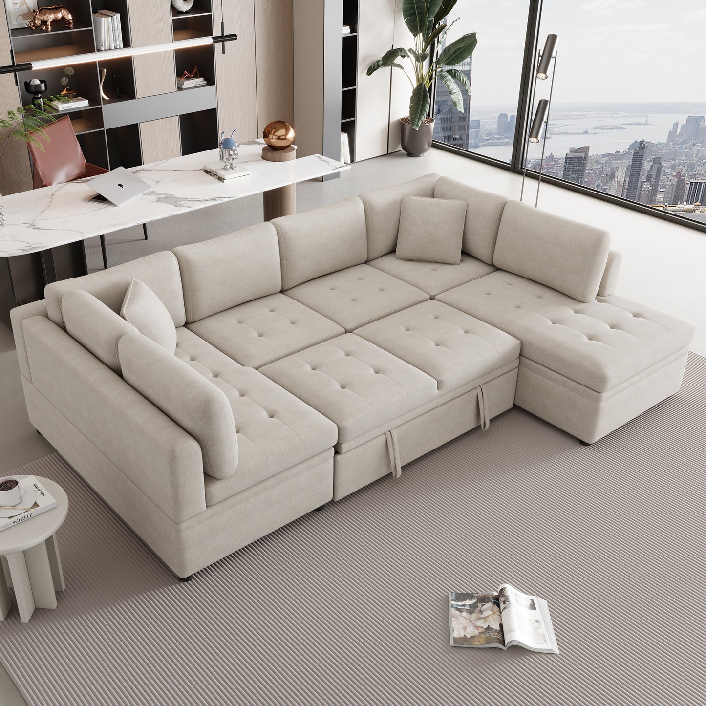 117.3" Oversized Sectional Sofa U- shaped Sofa Couch Pull-out Sofa Bed with Two Throw Pillows for Living Room, Beige