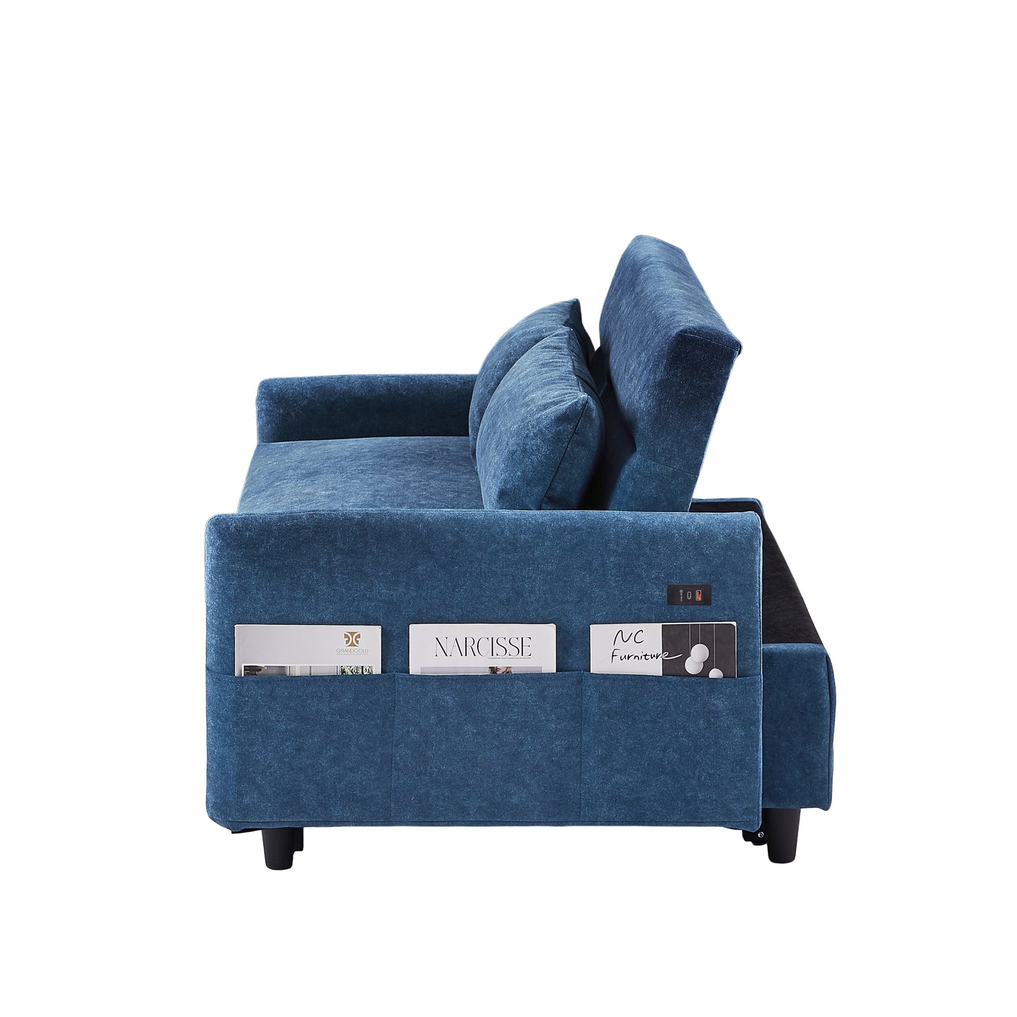 55.1" Pull Out Sleep Sofa Bed Loveseats Sofa Couch with Adjsutable Backrest, Storage Pockets, 2 Soft Pillows, USB Ports for Living Room, Bedroom, Apartment, Office, Blue (Old SKU: WF315689AAC)