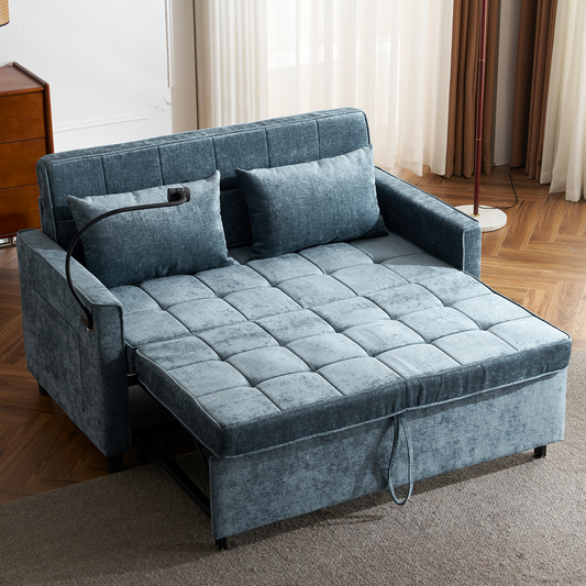 56.9" Loveseat Sofa Pull-out Sofa Bed Sleeper Sofa with a Reversible Backrest Cushion, Side Pockets, Two USB Ports and a Phone Holder for Living Room, Blue