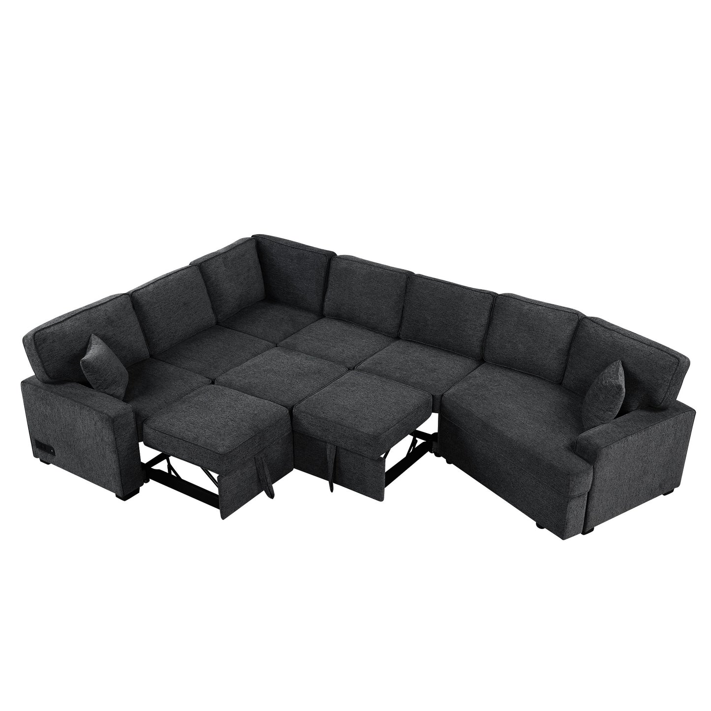 126" L-shaped Sofa Sectional Sofa Couch Pull-out Sofa Bed with Charging Devices and Cup Holders for Living Room, Blue Black