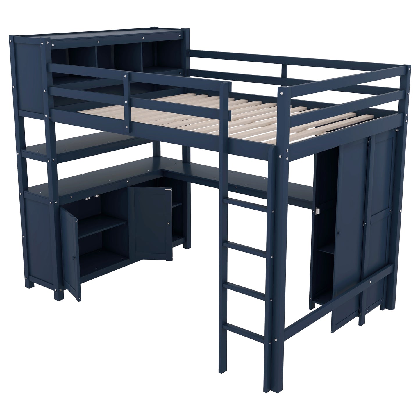 Wood Loft Bed with Cabinet and Bookshelf, Full Size Loft with Wardrobe and Desk for Kids,Dark Blue(Expect Arrival Date 2024/8/25)