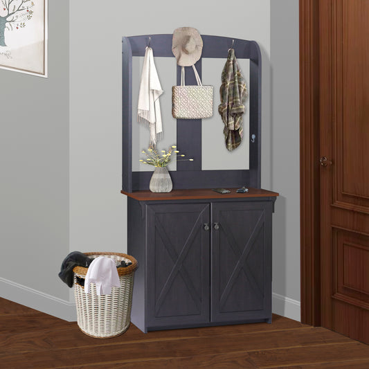 HALL TREE & CABINET "Versatile Hall Tree with Bench and Shoe Storage – Antique Black & Maple Finish, Modern Entryway Organizer with Adjustable Shelves"