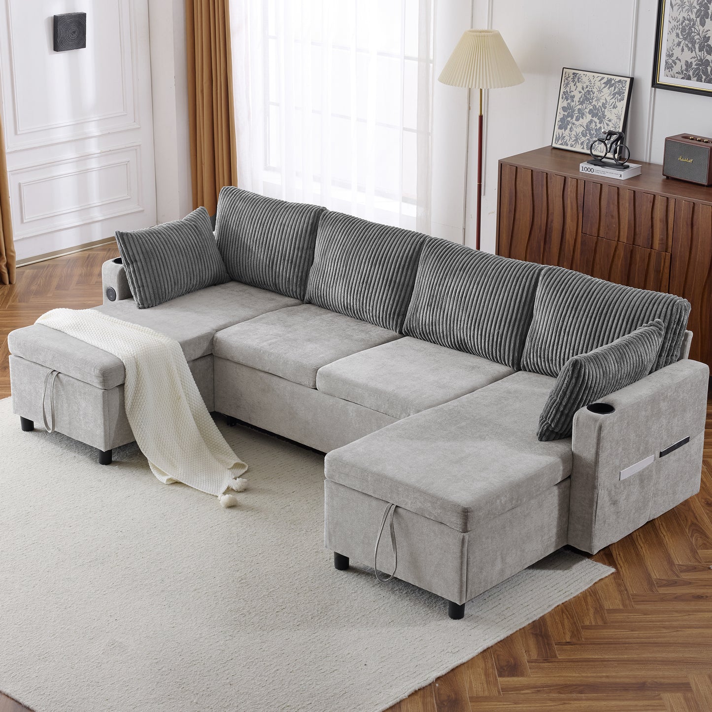 111.8" Sectional Sofa Pull-out Sofa Bed Versatile Sofa Sleeper with Large Storage Space, Two USB Ports and Two Cup Holders for Living Room, Grey