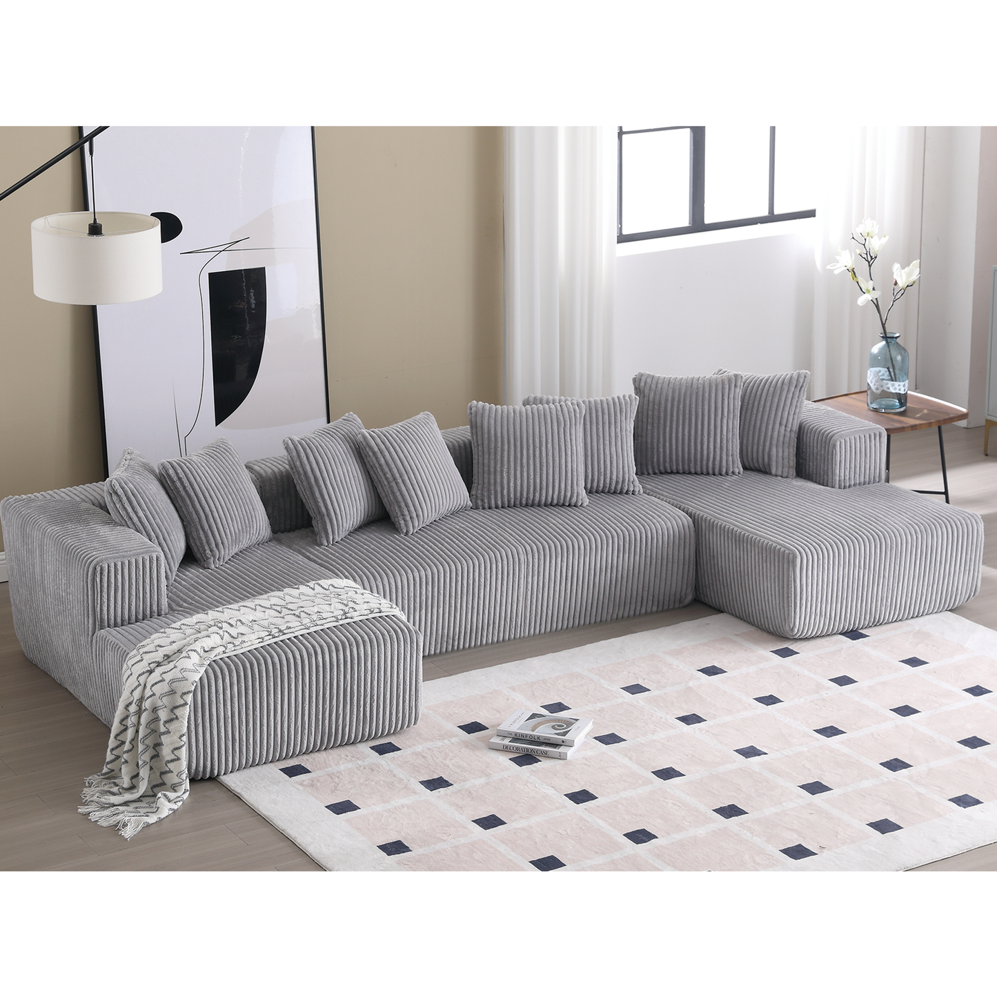 [NEW ARRIVED] [VIDEO PROVIDED]131'' Modular Sectional Couch, U-shaped sofa , Chaise Lounge, Striped fabric,Upholstered 4 Seater Couch for Living Room, Bedroom, Free Combination Sofa (Corduroy), Gray