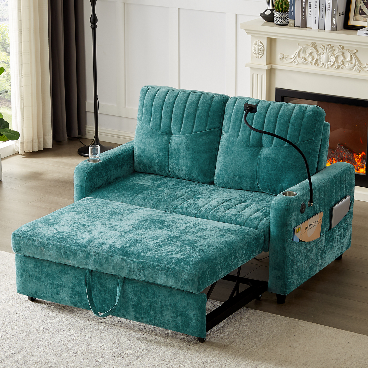 53.9" Modern Loveseat Pull-out Sofa Bed with Adjustable Backrest, Two Cup Holders , a Phone Holder, Three Charging Ports and Side Storage Pockets for Living Room, Teal