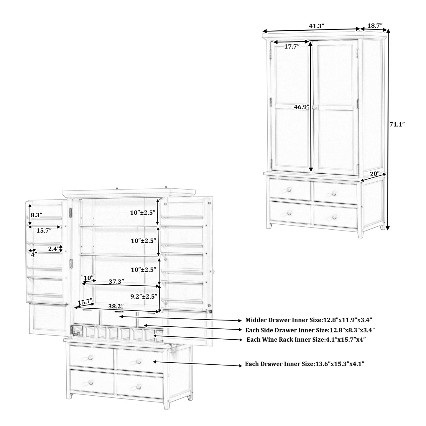 [Assembly&Show Video Available] TOPMAX Freestanding Large Kitchen Pantry Wooden Kitchen Storage Cabinet Cupboard with 8 Door Shelves,3 Adjustable Shelves,7 Drawers& 8 Wine Racks, Gray