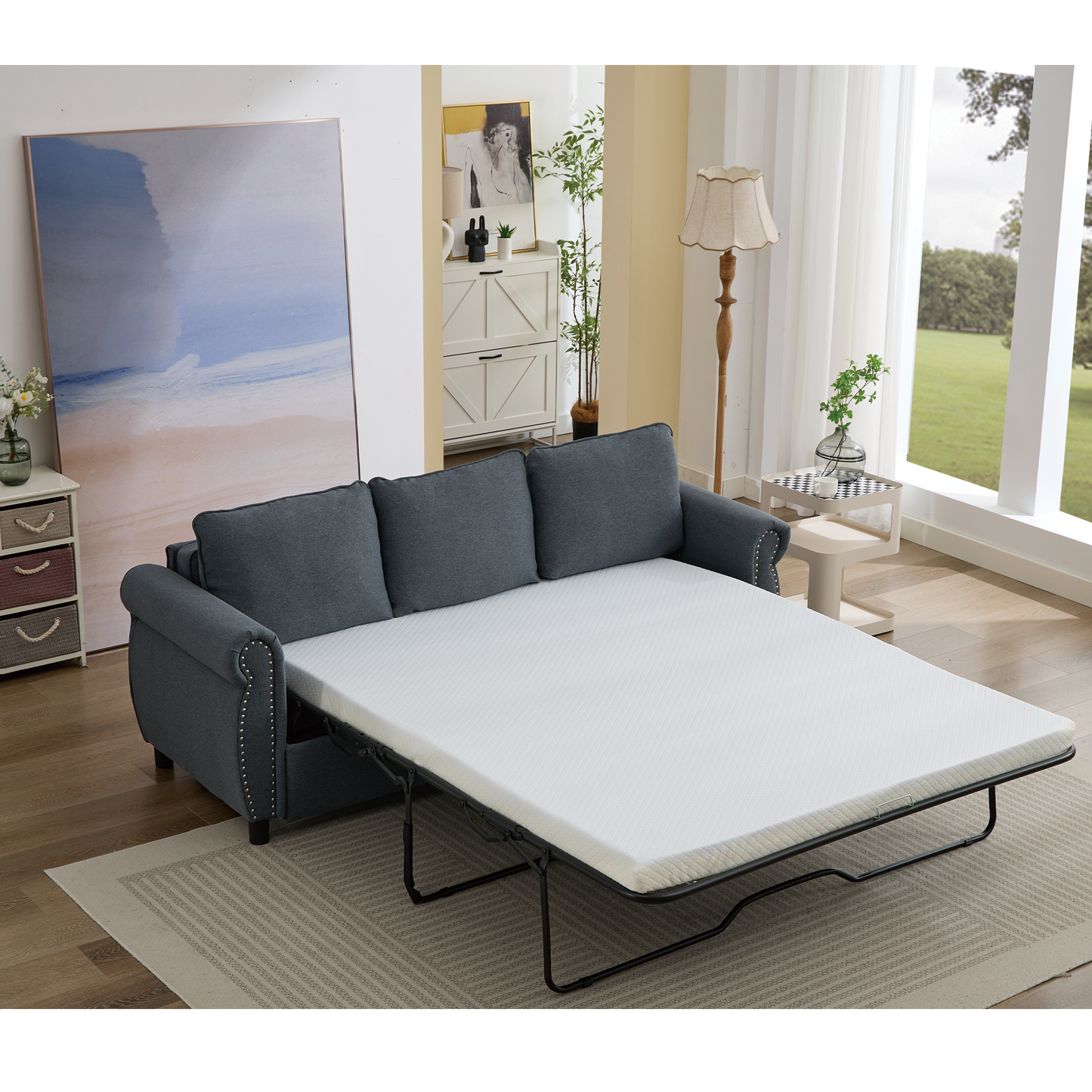 [NEW ARRIVED] [VIDEO PROVIDED] 81.5" 2-in-1 Queen  Convertible Sleeper Sofa Bed,  Pull Out Couch Bed,3 seater sofa bed,with 3.35" Memory Foam Mattress ,Rivet handrail,Living Room, Apartment, Dark Gray