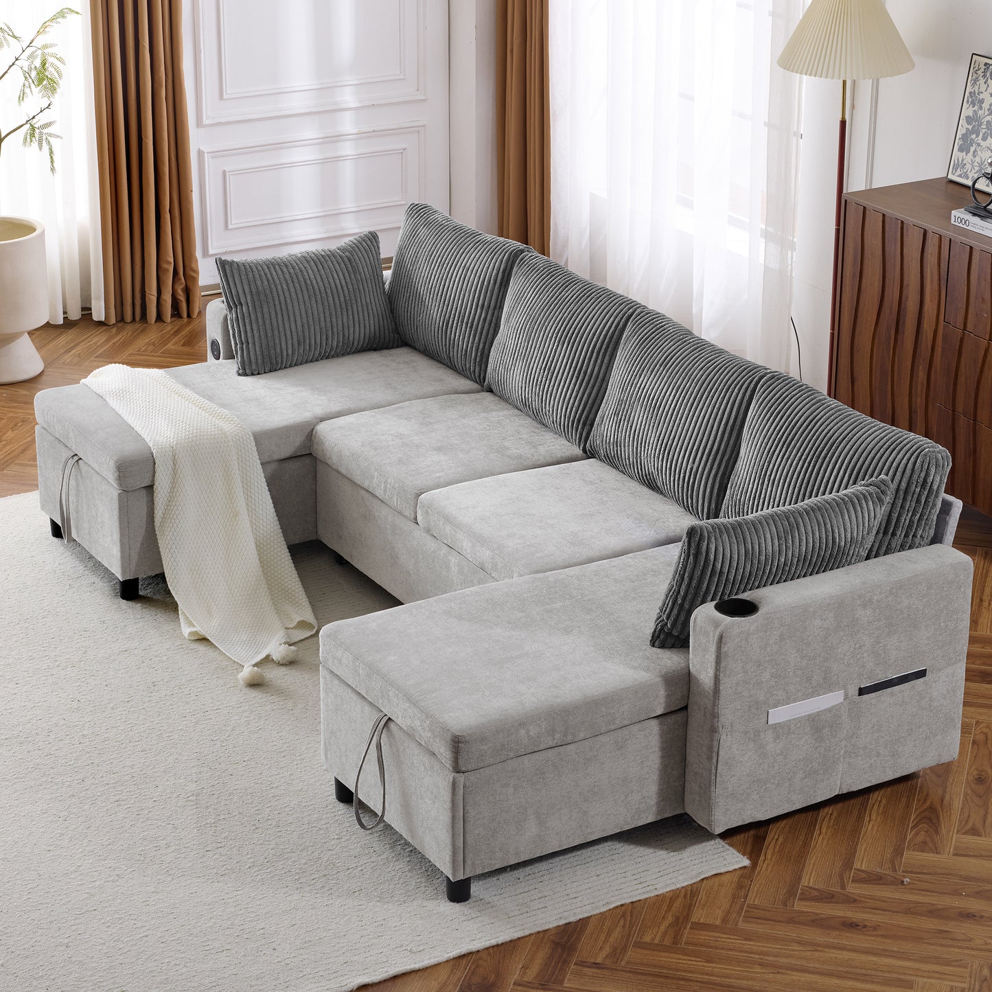 111.8" Sectional Sofa Pull-out Sofa Bed Versatile Sofa Sleeper with Large Storage Space, Two USB Ports and Two Cup Holders for Living Room, Grey