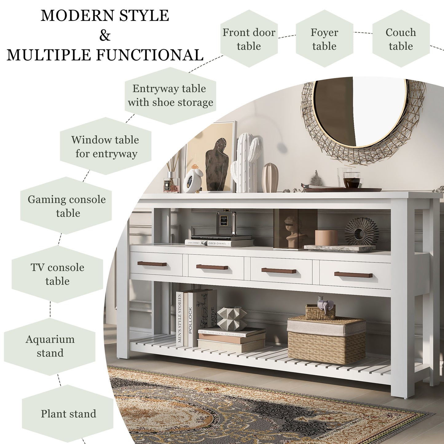 U_STYLE 62.2'' Modern Console Table Sofa Table for Living Room with 4 Drawers and 2 Shelves