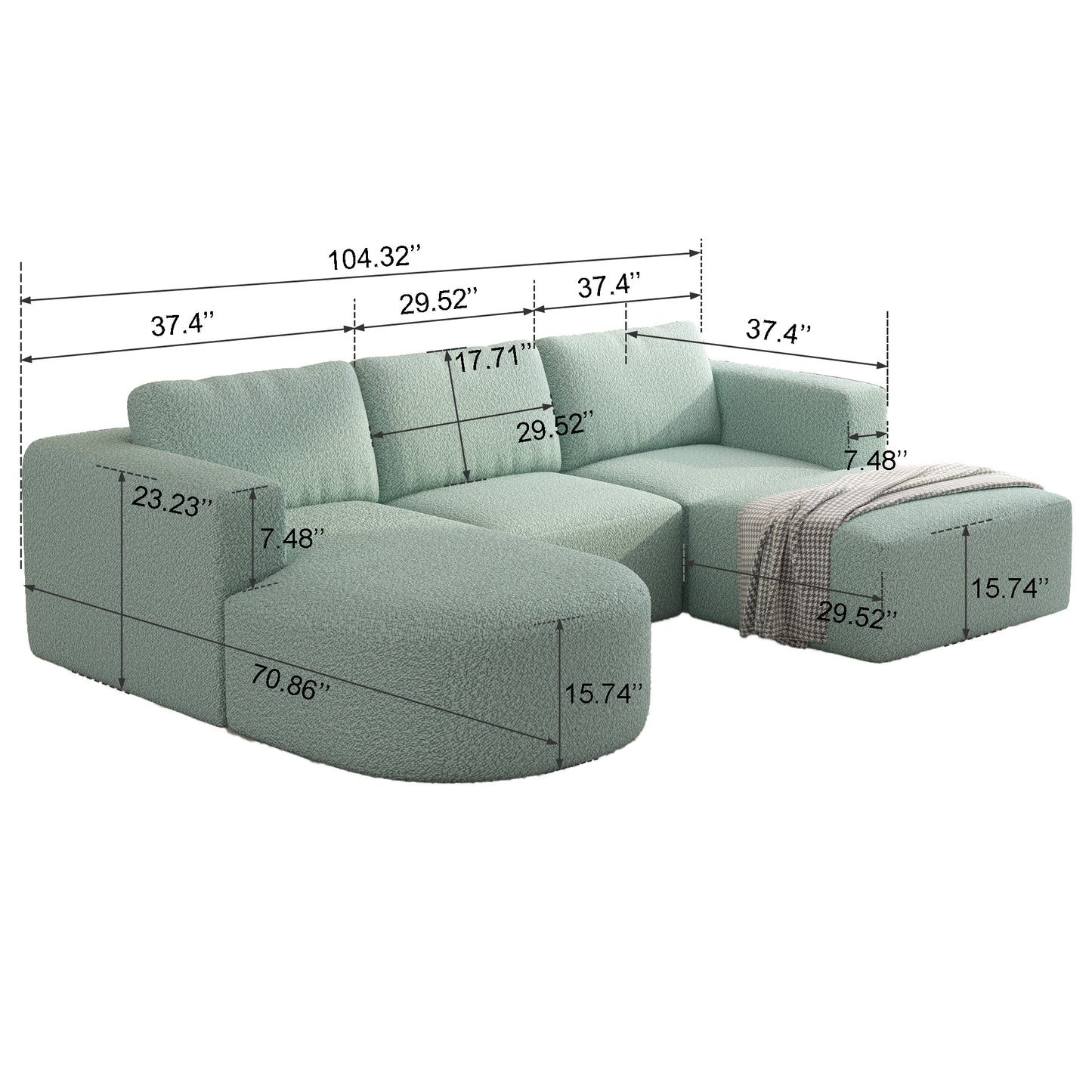 104.32*74.8 Modular Sectional Sofa Sleeper Couch, Sectional Sofa with Chaise and Ottoman, Convertible U Shaped Modular Sofa Set. Compressed spon, Light Green (Combo 2A+2B+2D)