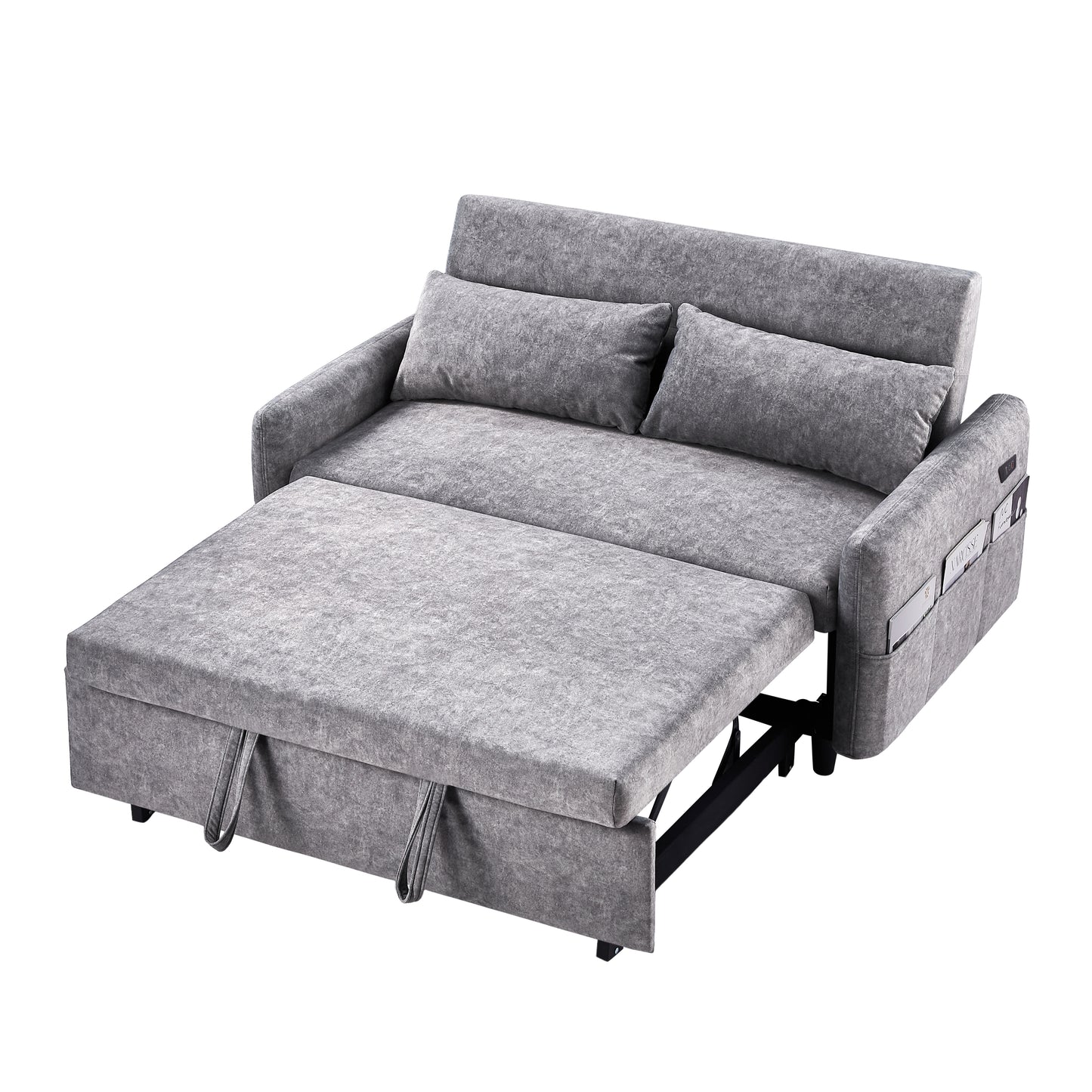 55.1" Pull Out Sleep Sofa Bed Loveseats Sofa Couch with Adjsutable Backrest, Storage Pockets, 2 Soft Pillows, USB Ports for Living Room, Bedroom, Apartment, Office,Grey (Old SKU:WF315689AAE)