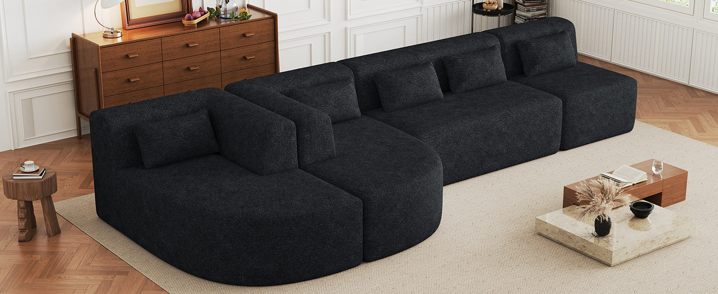 143.7" Upholstered Sofa Free-combined Sofa Couch with Two Chaise Lounge and Five Back Pillows for Living Room, Black