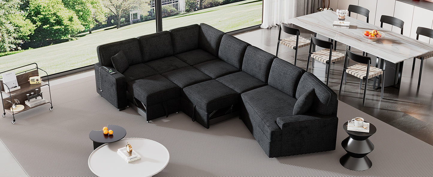 126" L-shaped Sofa Sectional Sofa Couch Pull-out Sofa Bed with Charging Devices and Cup Holders for Living Room, Blue Black